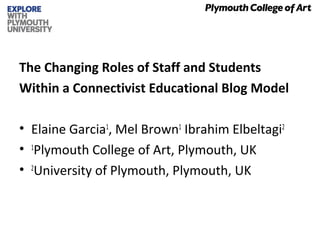The Changing Roles of Staff and Students
Within a Connectivist Educational Blog Model
• Elaine Garcia1
, Mel Brown1
Ibrahim Elbeltagi2
• 1
Plymouth College of Art, Plymouth, UK
• 2
University of Plymouth, Plymouth, UK
 
