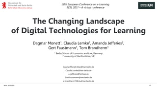 Berlin, 29/10/2021 14
Dagmar Monett1, Claudia Lemke1, Amanda Jefferies2,
Gert Faustmann1, Tom Brandherm1
1 Berlin School of Economics and Law, Germany
2 University of Hertfordshire, UK
The Changing Landscape
of Digital Technologies for Learning
Dagmar.Monett-Díaz@hwr-berlin.de
Claudia.Lemke@hwr-berlin.de
a.l.jefferies@herts.ac.uk
Gert.Faustmann@hwr-berlin.de
s_brandherm19@stud.hwr-berlin.de
20th European Conference on e-Learning
ECEL 2021 – A virtual conference
 