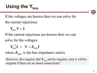 Using the Ybus
1
bus
If the voltages are known then we can solve for
the current injections:
If the current injections are known then we can
solve for the voltages:
where is the bus impedance matr
bus
bus bus


 
Y V I
Y I V Z I
Z ix
However, this requires that Ybus not be singular; note it will be
singular if there are no shunt connections!
2
 