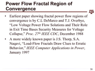 Power Flow Fractal Region of
Convergence
• Earliest paper showing fractal power flow regions of
convergence is by C.L DeMarco and T.J. Overbye,
“Low Voltage Power Flow Solutions and Their Role
in Exit Time Bases Security Measures for Voltage
Collapse,” Proc. 27th IEEE CDC, December 1988
• A more widely known paper is J.S. Thorp, S.A.
Naqavi, “Load-Flow Fractals Draw Clues to Erratic
Behavior,” IEEE Computer Applications in Power,
January 1997
30
 