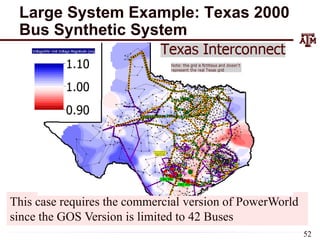 Large System Example: Texas 2000
Bus Synthetic System
This case requires the commercial version of PowerWorld
since the GOS Version is limited to 42 Buses
52
 