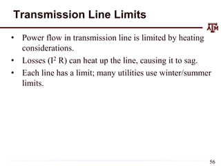 Transmission Line Limits
• Power flow in transmission line is limited by heating
considerations.
• Losses (I2 R) can heat up the line, causing it to sag.
• Each line has a limit; many utilities use winter/summer
limits.
56
 