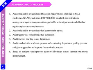 ACADEMIC AUDIT PROCESS
CONTINUOUS
IMPROVEMENT
C
7 41/44
1. Academic audits are conducted based on requirements specified in NBA
guidelines, NAAC guidelines, ISO 9001:2015 standard, the institutions
management system documentation applicable to the department and all other
regulatory/statutory requirements.
2. Academic audits are conducted at least once in a year.
3. Audit teams will come from other institution
4. Auditors visit one day in our department
5. Auditors check the academic process and evaluating department quality process
and give suggestion to improve the academic process.
6. Based on academic audit process action will be taken in next year for continuous
improvement.
 