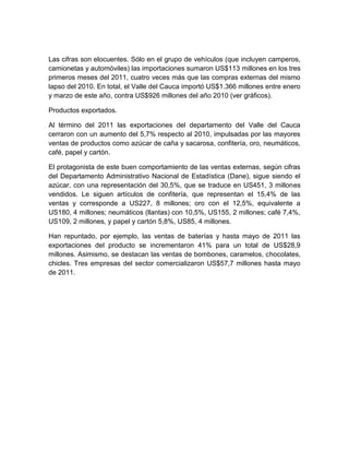 Las cifras son elocuentes. Sólo en el grupo de vehículos (que incluyen camperos,
camionetas y automóviles) las importaciones sumaron US$113 millones en los tres
primeros meses del 2011, cuatro veces más que las compras externas del mismo
lapso del 2010. En total, el Valle del Cauca importó US$1.366 millones entre enero
y marzo de este año, contra US$926 millones del año 2010 (ver gráficos).

Productos exportados.

Al término del 2011 las exportaciones del departamento del Valle del Cauca
cerraron con un aumento del 5,7% respecto al 2010, impulsadas por las mayores
ventas de productos como azúcar de caña y sacarosa, confitería, oro, neumáticos,
café, papel y cartón.

El protagonista de este buen comportamiento de las ventas externas, según cifras
del Departamento Administrativo Nacional de Estadística (Dane), sigue siendo el
azúcar, con una representación del 30,5%, que se traduce en US451, 3 millones
vendidos. Le siguen artículos de confitería, que representan el 15,4% de las
ventas y corresponde a US227, 8 millones; oro con el 12,5%, equivalente a
US180, 4 millones; neumáticos (llantas) con 10,5%, US155, 2 millones; café 7,4%,
US109, 2 millones, y papel y cartón 5,8%, US85, 4 millones.

Han repuntado, por ejemplo, las ventas de baterías y hasta mayo de 2011 las
exportaciones del producto se incrementaron 41% para un total de US$28,9
millones. Asimismo, se destacan las ventas de bombones, caramelos, chocolates,
chicles. Tres empresas del sector comercializaron US$57,7 millones hasta mayo
de 2011.
 