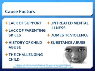 Cause Factors

 LACK OF SUPPORT                               UNTREATED MENTAL
                                                    ILLNESS
 LACK OF PARENTING
 SKILLS                                         DOMESTIC VIOLENCE

 HISTORY OF CHILD                              SUBSTANCE ABUSE
 ABUSE
 THE CHALLENGING
 CHILD
      http://www.livestrong.com/article/220612-the-causes-of-physical-child-abuse/
   http://blackandbrownnews.com/wp-content/uploads/2012/04/ChildAbusedCrying.jpg
 