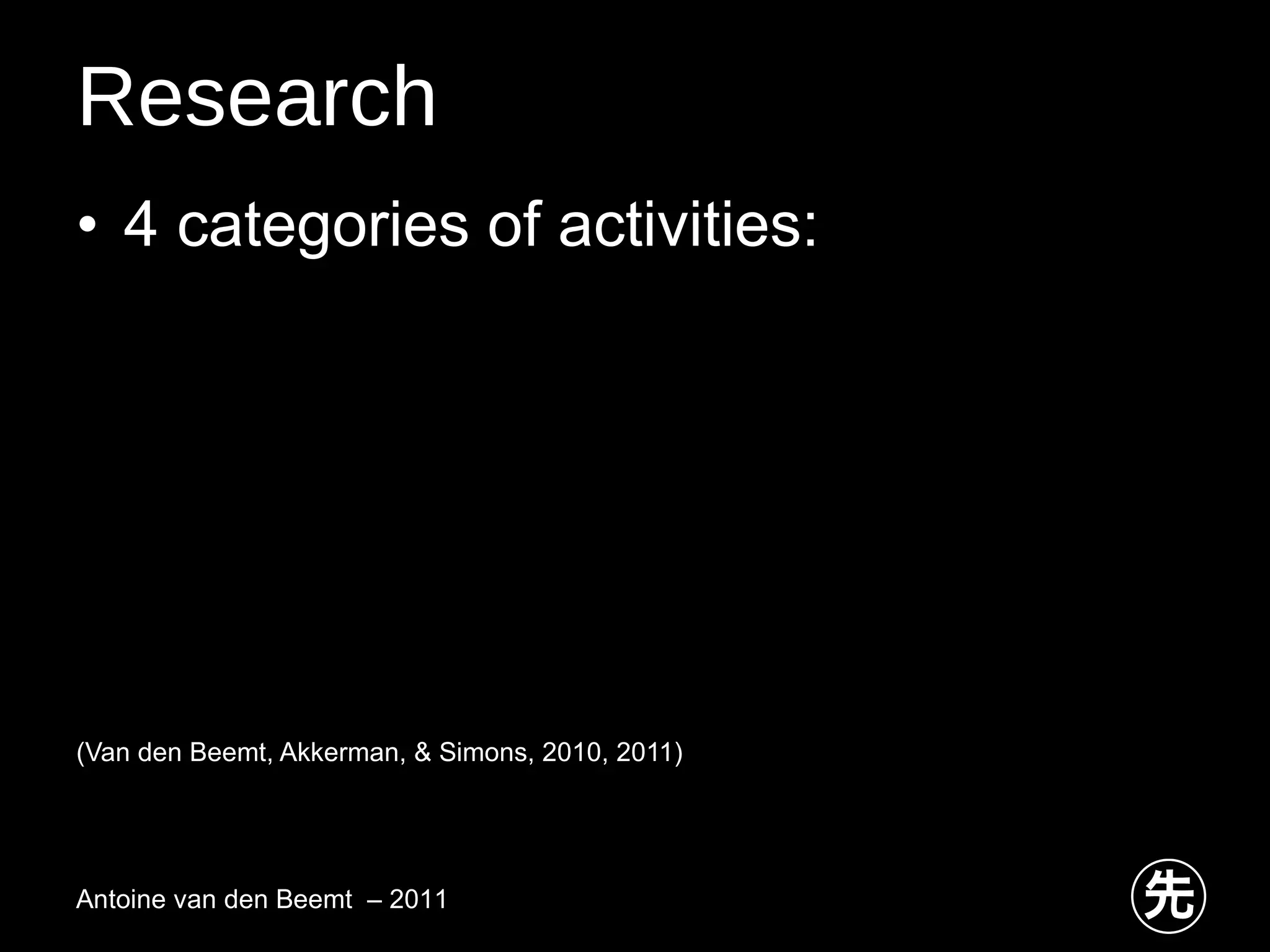Research 4 categories of activities: Browsing Performing Interchaning Authoring (Van den Beemt, Akkerman, & Simons, 2010, 2011) Antoine van den Beemt  – 2011 