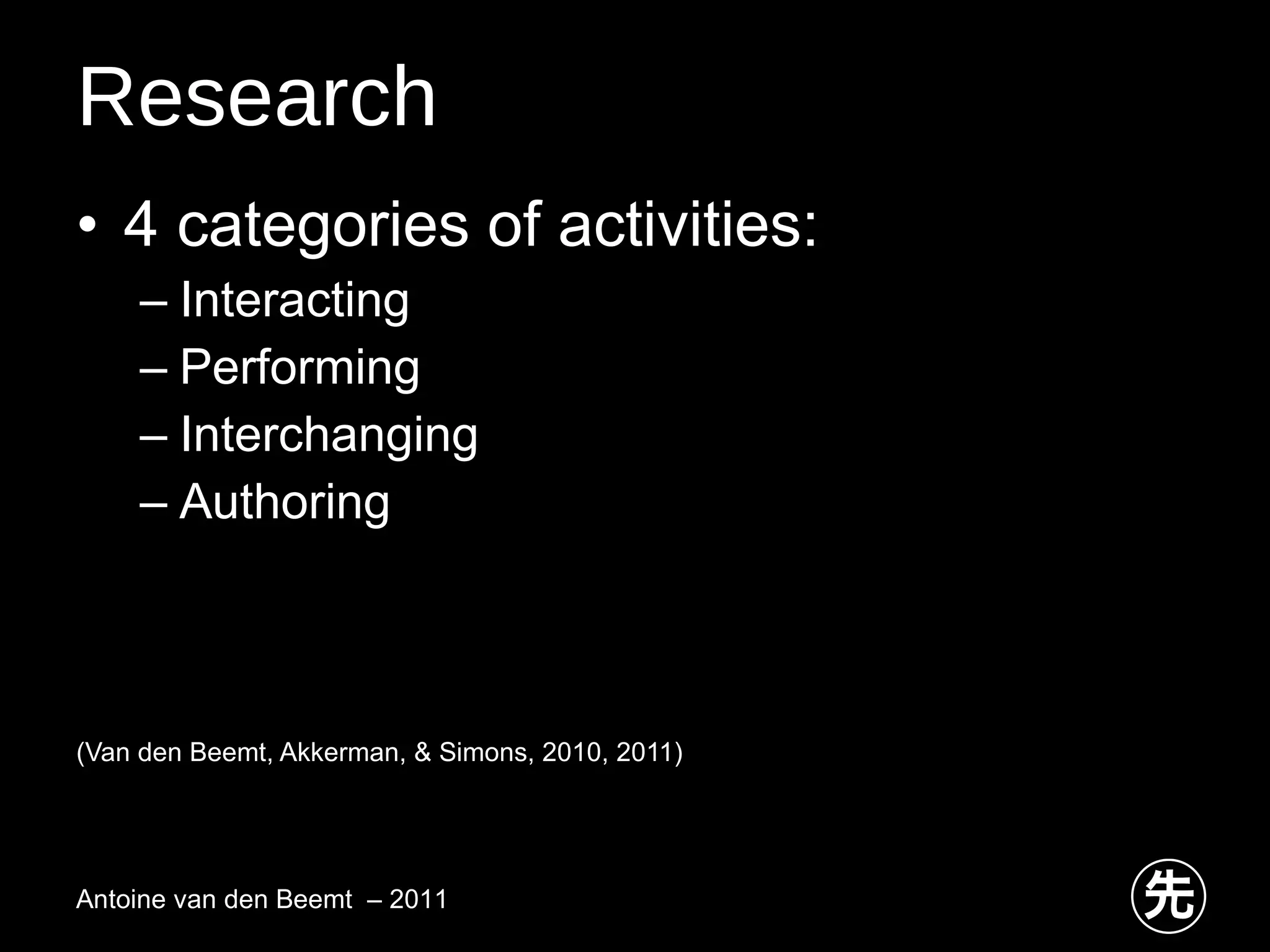 Research 4 categories of activities: Interacting Performing Interchanging Authoring (Van den Beemt, Akkerman, & Simons, 2010, 2011) Antoine van den Beemt  – 2011 