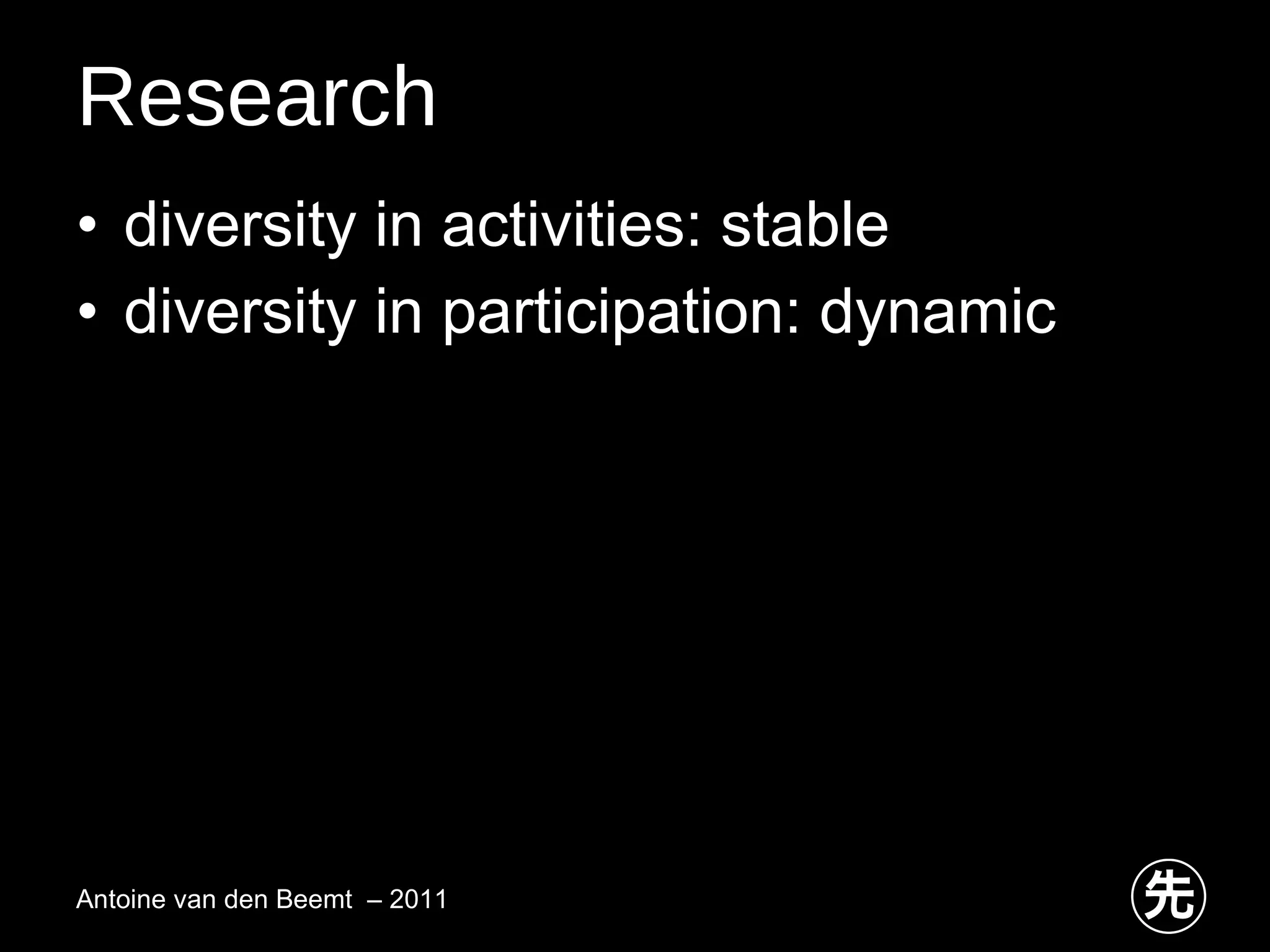 Research diversity in activities: stable diversity in participation: dynamic Antoine van den Beemt  – 2011 
