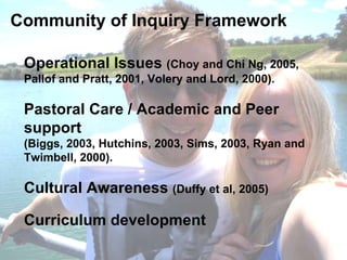 Community of Inquiry Framework Operational Issues  (Choy and Chi Ng, 2005, Pallof and Pratt, 2001, Volery and Lord, 2000). Pastoral Care / Academic and Peer support (Biggs, 2003, Hutchins, 2003, Sims, 2003, Ryan and Twimbell, 2000). Cultural Awareness  ( Duffy et al, 2005)  Curriculum development 
