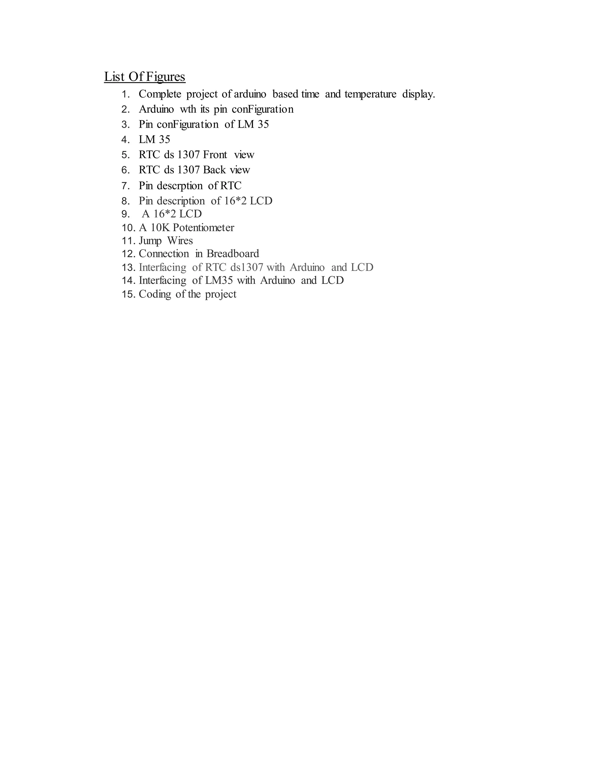 List Of Figures
1. Complete project of arduino based time and temperature display.
2. Arduino wth its pin conFiguration
3. Pin conFiguration of LM 35
4. LM 35
5. RTC ds 1307 Front view
6. RTC ds 1307 Back view
7. Pin descrption of RTC
8. Pin description of 16*2 LCD
9. A 16*2 LCD
10. A 10K Potentiometer
11. Jump Wires
12. Connection in Breadboard
13. Interfacing of RTC ds1307 with Arduino and LCD
14. Interfacing of LM35 with Arduino and LCD
15. Coding of the project
 
