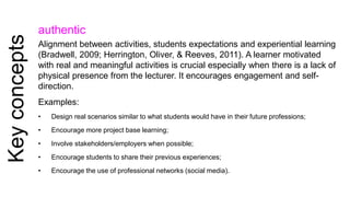 Key concepts 
authentic 
Alignment between activities, students expectations and experiential learning 
(Bradwell, 2009; Herrington, Oliver, & Reeves, 2011). A learner motivated 
with real and meaningful activities is crucial especially when there is a lack of 
physical presence from the lecturer. It encourages engagement and self-direction. 
Examples: 
• Design real scenarios similar to what students would have in their future professions; 
• Encourage more project base learning; 
• Involve stakeholders/employers when possible; 
• Encourage students to share their previous experiences; 
• Encourage the use of professional networks (social media). 
 