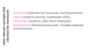 other relevant concepts that 
informed the framework 
Innovation (materials and resources, learning activities) 
Impact (students learning, transferable skills) 
Satisfaction (students, staff, future employers) 
Sustainability (lifelong learning skills, reusable materials 
and resources) 
 