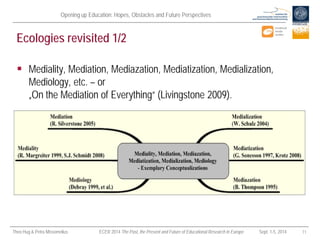 Opening up Education: Hopes, Obstacles and Future Perspectives 
Theo Hug & Petra Missomelius ECER 2014 The Past, the Present and Future of Educational Research in Europe Sept. 1-5, 2014 11 
Ecologies revisited 1/2 
 
Mediality, Mediation, Mediazation, Mediatization, Medialization, Mediology, etc. – or „On the Mediation of Everything“ (Livingstone 2009).  