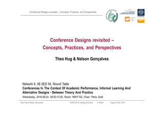 Conference Designs revisited – Concepts, Practices, and Perspectives
Conference Designs revisited –
Concepts, Practices, and Perspectives
Theo Hug & Nelson Gonçalves ECER 2016 Leading Education in Dublin August 23'26, 2016 1
Theo Hug & Nelson Gonçalves
Network 6, 06 SES 04, Round Table
Conferences In The Context Of Academic Performance, Informal Learning And
Alternative Designs $ Between Theory And Practice
Wednesday, 2016'08'24, 09:00'10:30, Room: NM'F102, Chair: Petra Grell
 