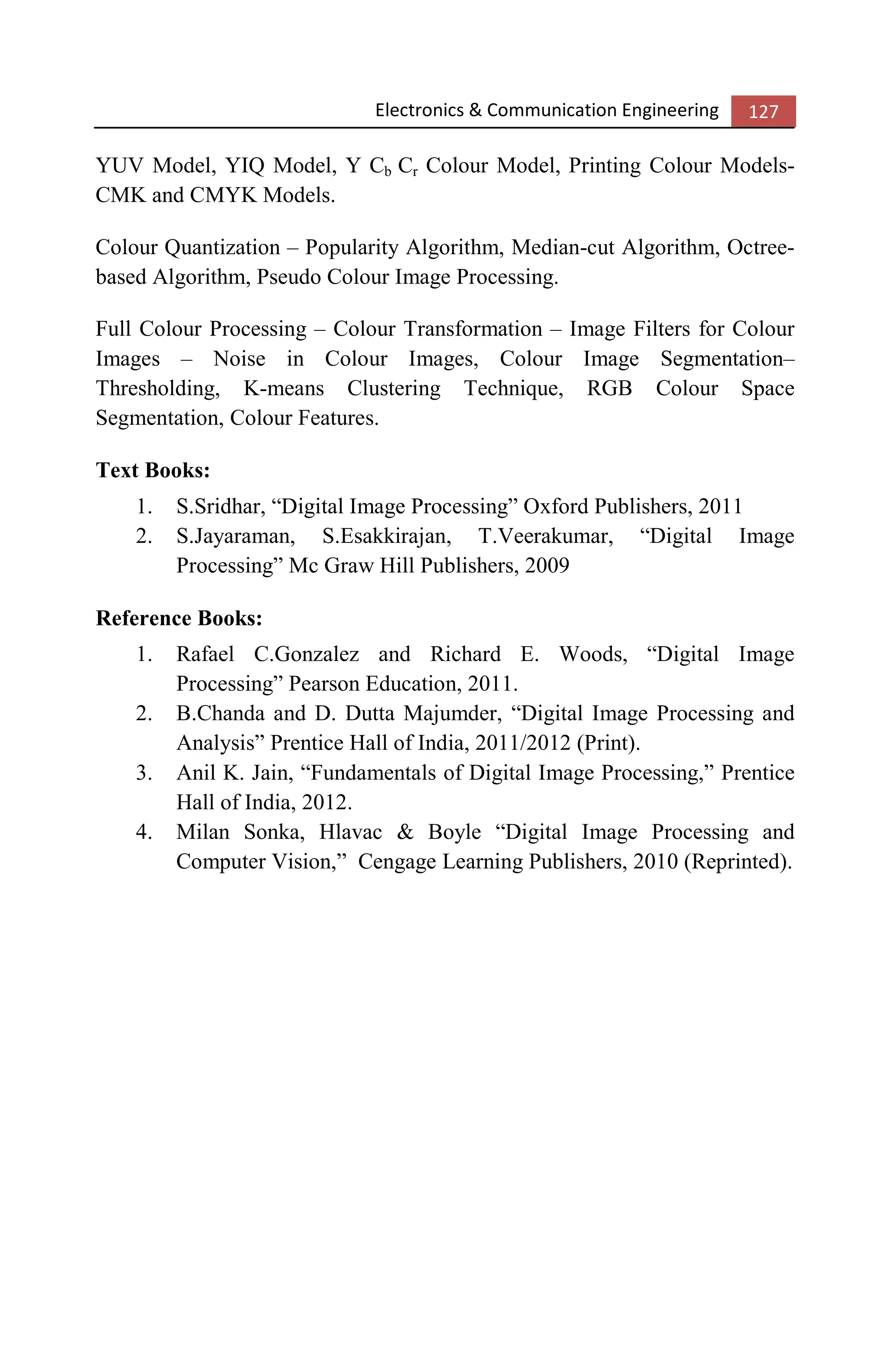 Electronics & Communication Engineering 127
YUV Model, YIQ Model, Y Cb Cr Colour Model, Printing Colour Models-
CMK and CMYK Models.
Colour Quantization – Popularity Algorithm, Median-cut Algorithm, Octree-
based Algorithm, Pseudo Colour Image Processing.
Full Colour Processing – Colour Transformation – Image Filters for Colour
Images – Noise in Colour Images, Colour Image Segmentation–
Thresholding, K-means Clustering Technique, RGB Colour Space
Segmentation, Colour Features.
Text Books:
1. S.Sridhar, “Digital Image Processing” Oxford Publishers, 2011
2. S.Jayaraman, S.Esakkirajan, T.Veerakumar, “Digital Image
Processing” Mc Graw Hill Publishers, 2009
Reference Books:
1. Rafael C.Gonzalez and Richard E. Woods, “Digital Image
Processing” Pearson Education, 2011.
2. B.Chanda and D. Dutta Majumder, “Digital Image Processing and
Analysis” Prentice Hall of India, 2011/2012 (Print).
3. Anil K. Jain, “Fundamentals of Digital Image Processing,” Prentice
Hall of India, 2012.
4. Milan Sonka, Hlavac & Boyle “Digital Image Processing and
Computer Vision,” Cengage Learning Publishers, 2010 (Reprinted).
 