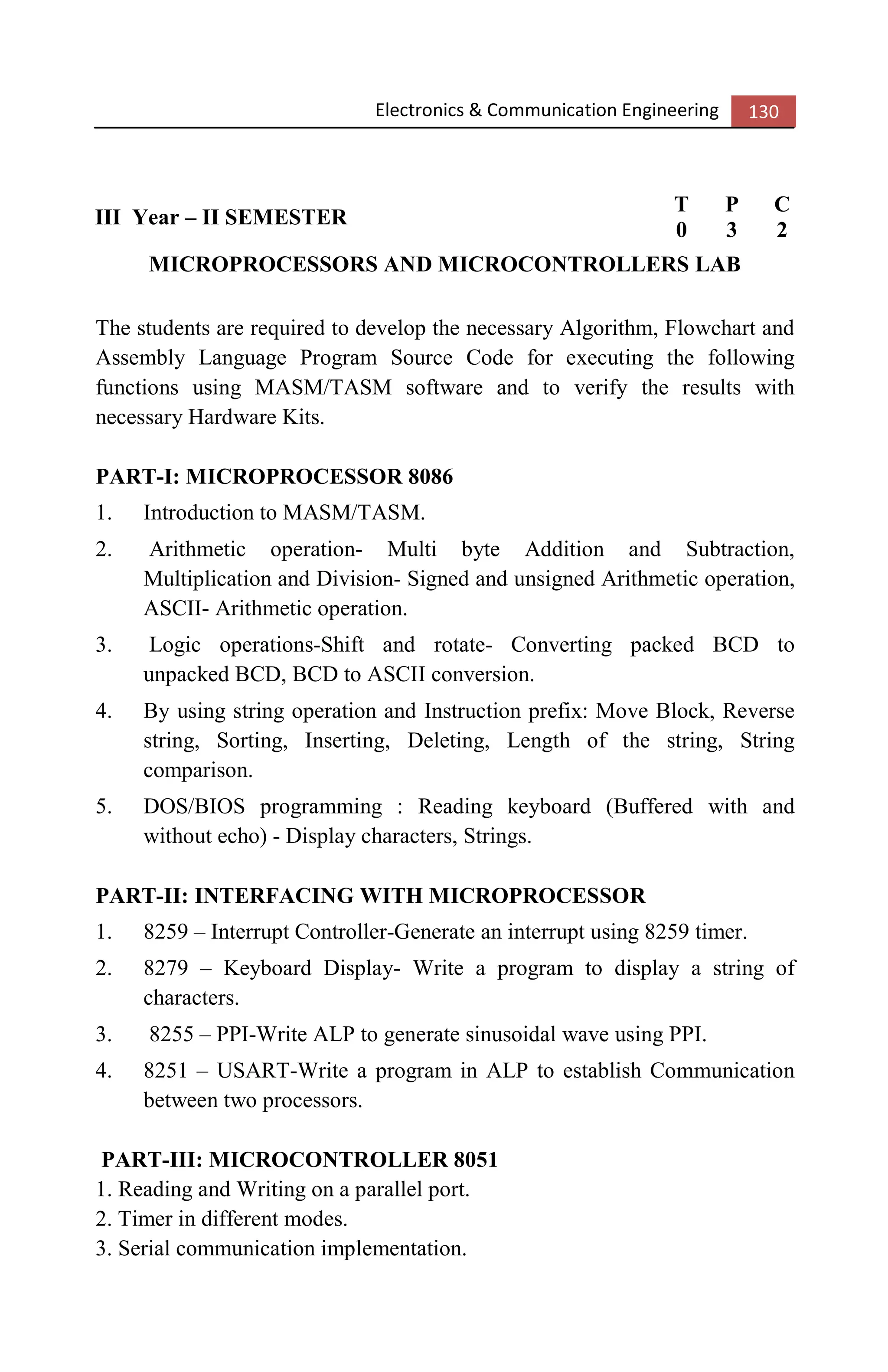 Electronics & Communication Engineering 130
III Year – II SEMESTER
T P C
0 3 2
MICROPROCESSORS AND MICROCONTROLLERS LAB
The students are required to develop the necessary Algorithm, Flowchart and
Assembly Language Program Source Code for executing the following
functions using MASM/TASM software and to verify the results with
necessary Hardware Kits.
PART-I: MICROPROCESSOR 8086
1. Introduction to MASM/TASM.
2. Arithmetic operation- Multi byte Addition and Subtraction,
Multiplication and Division- Signed and unsigned Arithmetic operation,
ASCII- Arithmetic operation.
3. Logic operations-Shift and rotate- Converting packed BCD to
unpacked BCD, BCD to ASCII conversion.
4. By using string operation and Instruction prefix: Move Block, Reverse
string, Sorting, Inserting, Deleting, Length of the string, String
comparison.
5. DOS/BIOS programming : Reading keyboard (Buffered with and
without echo) - Display characters, Strings.
PART-II: INTERFACING WITH MICROPROCESSOR
1. 8259 – Interrupt Controller-Generate an interrupt using 8259 timer.
2. 8279 – Keyboard Display- Write a program to display a string of
characters.
3. 8255 – PPI-Write ALP to generate sinusoidal wave using PPI.
4. 8251 – USART-Write a program in ALP to establish Communication
between two processors.
PART-III: MICROCONTROLLER 8051
1. Reading and Writing on a parallel port.
2. Timer in different modes.
3. Serial communication implementation.
 