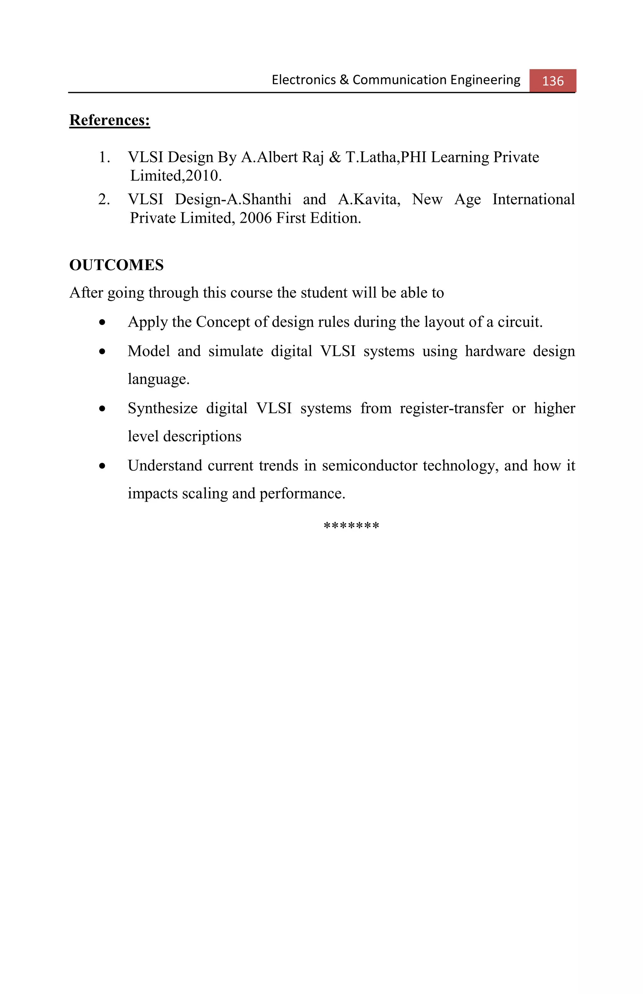 Electronics & Communication Engineering 136
References:
1. VLSI Design By A.Albert Raj & T.Latha,PHI Learning Private
Limited,2010.
2. VLSI Design-A.Shanthi and A.Kavita, New Age International
Private Limited, 2006 First Edition.
OUTCOMES
After going through this course the student will be able to
• Apply the Concept of design rules during the layout of a circuit.
• Model and simulate digital VLSI systems using hardware design
language.
• Synthesize digital VLSI systems from register-transfer or higher
level descriptions
• Understand current trends in semiconductor technology, and how it
impacts scaling and performance.
*******
 
