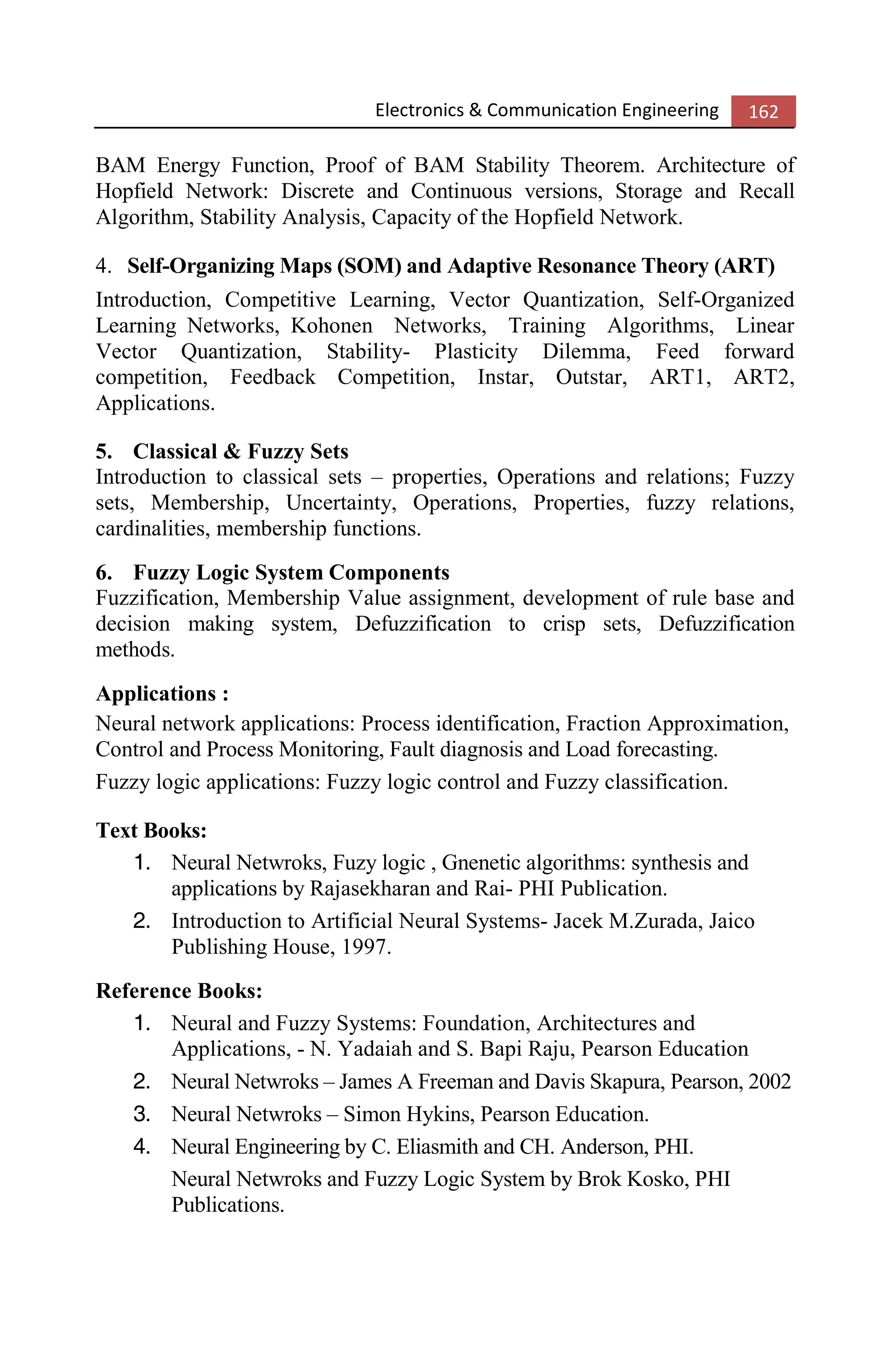 Electronics & Communication Engineering 162
BAM Energy Function, Proof of BAM Stability Theorem. Architecture of
Hopfield Network: Discrete and Continuous versions, Storage and Recall
Algorithm, Stability Analysis, Capacity of the Hopfield Network.
4. Self-Organizing Maps (SOM) and Adaptive Resonance Theory (ART)
Introduction, Competitive Learning, Vector Quantization, Self-Organized
Learning Networks, Kohonen Networks, Training Algorithms, Linear
Vector Quantization, Stability- Plasticity Dilemma, Feed forward
competition, Feedback Competition, Instar, Outstar, ART1, ART2,
Applications.
5. Classical & Fuzzy Sets
Introduction to classical sets – properties, Operations and relations; Fuzzy
sets, Membership, Uncertainty, Operations, Properties, fuzzy relations,
cardinalities, membership functions.
6. Fuzzy Logic System Components
Fuzzification, Membership Value assignment, development of rule base and
decision making system, Defuzzification to crisp sets, Defuzzification
methods.
Applications :
Neural network applications: Process identification, Fraction Approximation,
Control and Process Monitoring, Fault diagnosis and Load forecasting.
Fuzzy logic applications: Fuzzy logic control and Fuzzy classification.
Text Books:
1. Neural Netwroks, Fuzy logic , Gnenetic algorithms: synthesis and
applications by Rajasekharan and Rai- PHI Publication.
2. Introduction to Artificial Neural Systems- Jacek M.Zurada, Jaico
Publishing House, 1997.
Reference Books:
1. Neural and Fuzzy Systems: Foundation, Architectures and
Applications, - N. Yadaiah and S. Bapi Raju, Pearson Education
2. Neural Netwroks – James A Freeman and Davis Skapura, Pearson, 2002
3. Neural Netwroks – Simon Hykins, Pearson Education.
4. Neural Engineering by C. Eliasmith and CH. Anderson, PHI.
Neural Netwroks and Fuzzy Logic System by Brok Kosko, PHI
Publications.
 