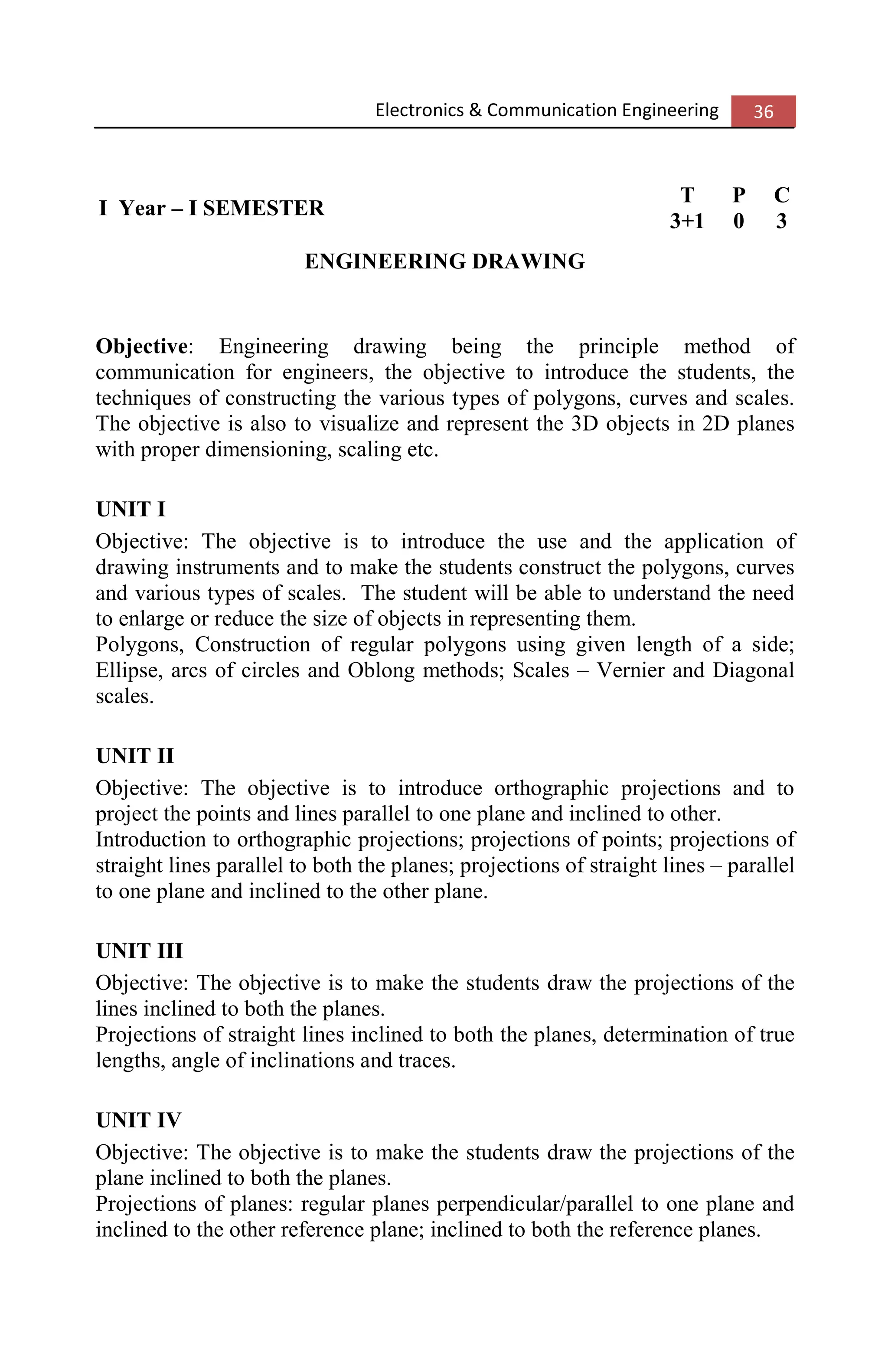 Electronics & Communication Engineering 36
I Year – I SEMESTER
T P C
3+1 0 3
ENGINEERING DRAWING
Objective: Engineering drawing being the principle method of
communication for engineers, the objective to introduce the students, the
techniques of constructing the various types of polygons, curves and scales.
The objective is also to visualize and represent the 3D objects in 2D planes
with proper dimensioning, scaling etc.
UNIT I
Objective: The objective is to introduce the use and the application of
drawing instruments and to make the students construct the polygons, curves
and various types of scales. The student will be able to understand the need
to enlarge or reduce the size of objects in representing them.
Polygons, Construction of regular polygons using given length of a side;
Ellipse, arcs of circles and Oblong methods; Scales – Vernier and Diagonal
scales.
UNIT II
Objective: The objective is to introduce orthographic projections and to
project the points and lines parallel to one plane and inclined to other.
Introduction to orthographic projections; projections of points; projections of
straight lines parallel to both the planes; projections of straight lines – parallel
to one plane and inclined to the other plane.
UNIT III
Objective: The objective is to make the students draw the projections of the
lines inclined to both the planes.
Projections of straight lines inclined to both the planes, determination of true
lengths, angle of inclinations and traces.
UNIT IV
Objective: The objective is to make the students draw the projections of the
plane inclined to both the planes.
Projections of planes: regular planes perpendicular/parallel to one plane and
inclined to the other reference plane; inclined to both the reference planes.
 