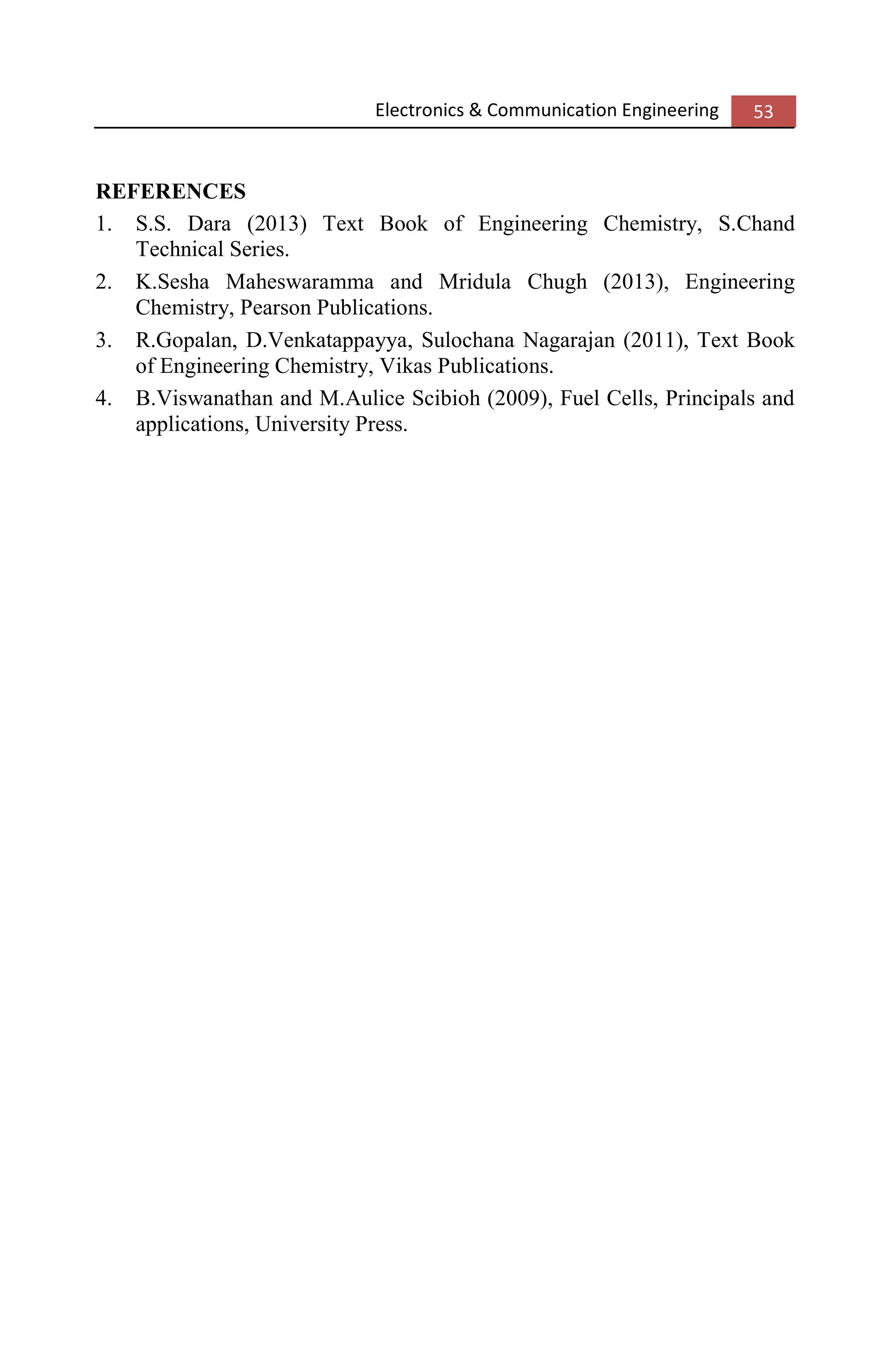 Electronics & Communication Engineering 53
REFERENCES
1. S.S. Dara (2013) Text Book of Engineering Chemistry, S.Chand
Technical Series.
2. K.Sesha Maheswaramma and Mridula Chugh (2013), Engineering
Chemistry, Pearson Publications.
3. R.Gopalan, D.Venkatappayya, Sulochana Nagarajan (2011), Text Book
of Engineering Chemistry, Vikas Publications.
4. B.Viswanathan and M.Aulice Scibioh (2009), Fuel Cells, Principals and
applications, University Press.
 