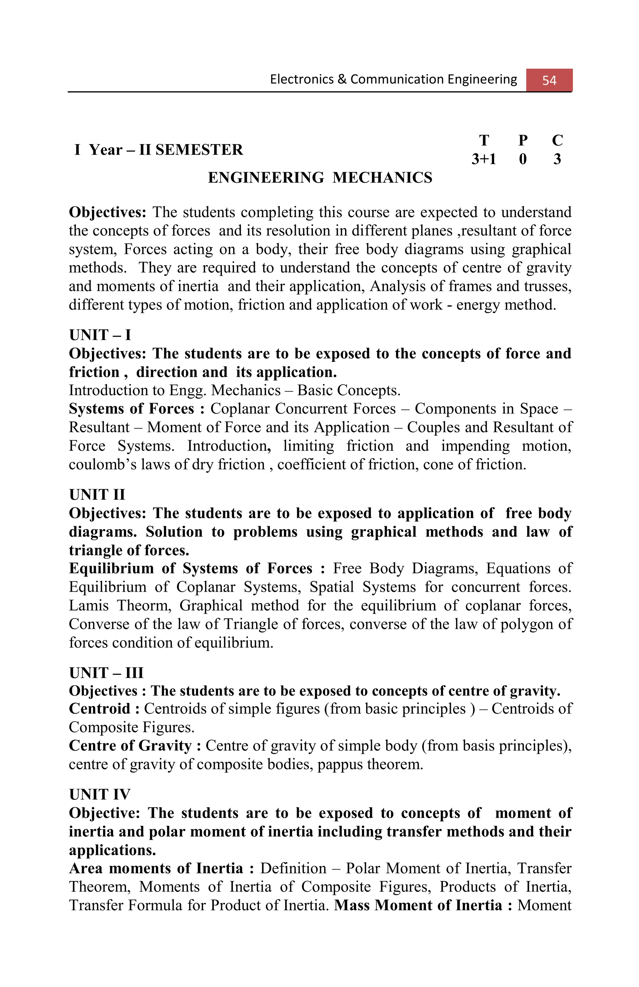 Electronics & Communication Engineering 54
I Year – II SEMESTER
T P C
3+1 0 3
ENGINEERING MECHANICS
Objectives: The students completing this course are expected to understand
the concepts of forces and its resolution in different planes ,resultant of force
system, Forces acting on a body, their free body diagrams using graphical
methods. They are required to understand the concepts of centre of gravity
and moments of inertia and their application, Analysis of frames and trusses,
different types of motion, friction and application of work - energy method.
UNIT – I
Objectives: The students are to be exposed to the concepts of force and
friction , direction and its application.
Introduction to Engg. Mechanics – Basic Concepts.
Systems of Forces : Coplanar Concurrent Forces – Components in Space –
Resultant – Moment of Force and its Application – Couples and Resultant of
Force Systems. Introduction, limiting friction and impending motion,
coulomb’s laws of dry friction , coefficient of friction, cone of friction.
UNIT II
Objectives: The students are to be exposed to application of free body
diagrams. Solution to problems using graphical methods and law of
triangle of forces.
Equilibrium of Systems of Forces : Free Body Diagrams, Equations of
Equilibrium of Coplanar Systems, Spatial Systems for concurrent forces.
Lamis Theorm, Graphical method for the equilibrium of coplanar forces,
Converse of the law of Triangle of forces, converse of the law of polygon of
forces condition of equilibrium.
UNIT – III
Objectives : The students are to be exposed to concepts of centre of gravity.
Centroid : Centroids of simple figures (from basic principles ) – Centroids of
Composite Figures.
Centre of Gravity : Centre of gravity of simple body (from basis principles),
centre of gravity of composite bodies, pappus theorem.
UNIT IV
Objective: The students are to be exposed to concepts of moment of
inertia and polar moment of inertia including transfer methods and their
applications.
Area moments of Inertia : Definition – Polar Moment of Inertia, Transfer
Theorem, Moments of Inertia of Composite Figures, Products of Inertia,
Transfer Formula for Product of Inertia. Mass Moment of Inertia : Moment
 