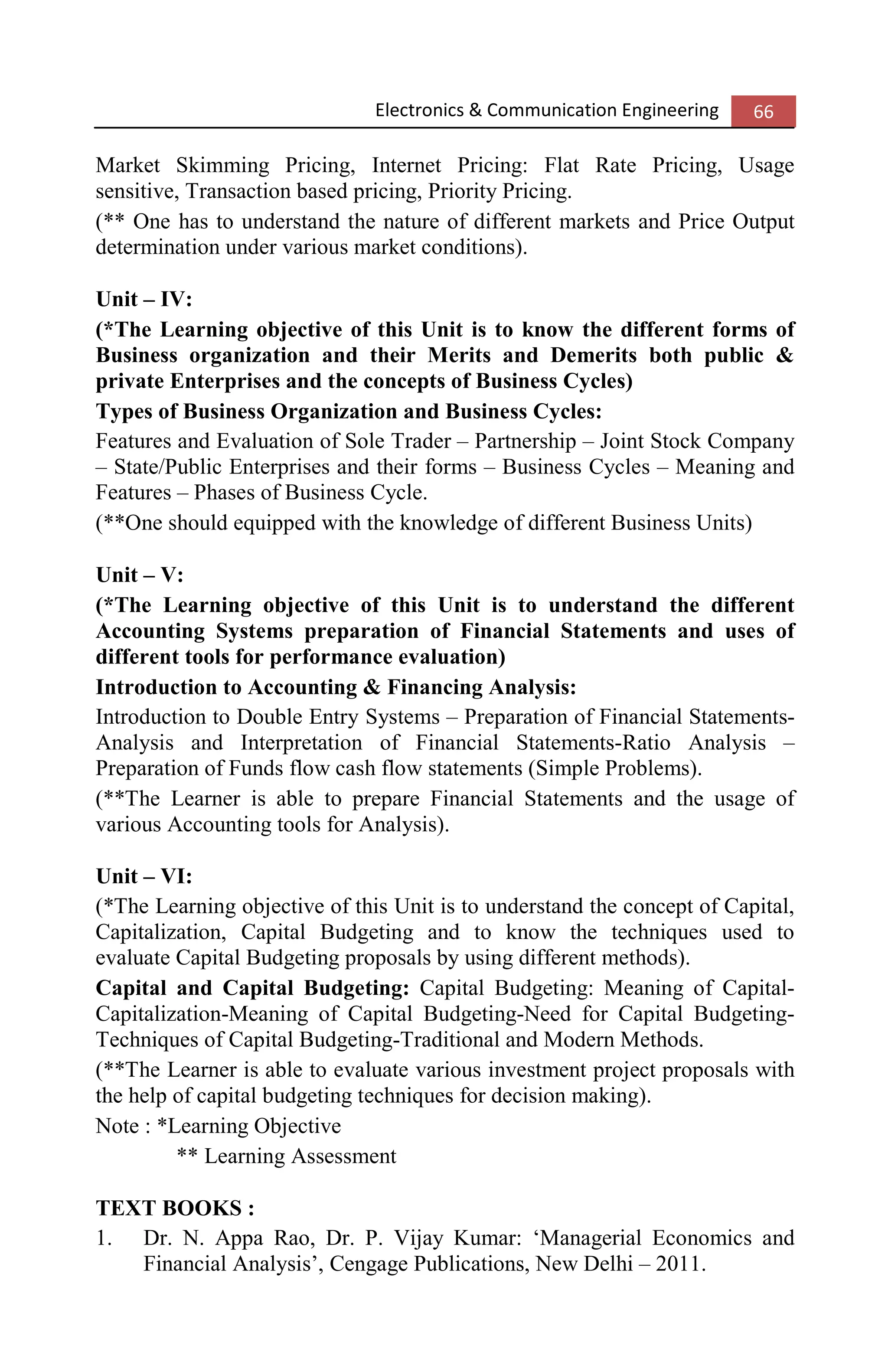 Electronics & Communication Engineering 66
Market Skimming Pricing, Internet Pricing: Flat Rate Pricing, Usage
sensitive, Transaction based pricing, Priority Pricing.
(** One has to understand the nature of different markets and Price Output
determination under various market conditions).
Unit – IV:
(*The Learning objective of this Unit is to know the different forms of
Business organization and their Merits and Demerits both public &
private Enterprises and the concepts of Business Cycles)
Types of Business Organization and Business Cycles:
Features and Evaluation of Sole Trader – Partnership – Joint Stock Company
– State/Public Enterprises and their forms – Business Cycles – Meaning and
Features – Phases of Business Cycle.
(**One should equipped with the knowledge of different Business Units)
Unit – V:
(*The Learning objective of this Unit is to understand the different
Accounting Systems preparation of Financial Statements and uses of
different tools for performance evaluation)
Introduction to Accounting & Financing Analysis:
Introduction to Double Entry Systems – Preparation of Financial Statements-
Analysis and Interpretation of Financial Statements-Ratio Analysis –
Preparation of Funds flow cash flow statements (Simple Problems).
(**The Learner is able to prepare Financial Statements and the usage of
various Accounting tools for Analysis).
Unit – VI:
(*The Learning objective of this Unit is to understand the concept of Capital,
Capitalization, Capital Budgeting and to know the techniques used to
evaluate Capital Budgeting proposals by using different methods).
Capital and Capital Budgeting: Capital Budgeting: Meaning of Capital-
Capitalization-Meaning of Capital Budgeting-Need for Capital Budgeting-
Techniques of Capital Budgeting-Traditional and Modern Methods.
(**The Learner is able to evaluate various investment project proposals with
the help of capital budgeting techniques for decision making).
Note : *Learning Objective
** Learning Assessment
TEXT BOOKS :
1. Dr. N. Appa Rao, Dr. P. Vijay Kumar: ‘Managerial Economics and
Financial Analysis’, Cengage Publications, New Delhi – 2011.
 