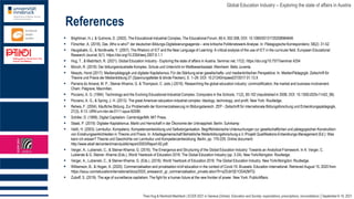 Theo Hug & Reinhold Madritsch | ECER 2021 in Geneva (Online): Education and Society: expectations, prescriptions, reconciliations │September 6-10, 2021
Global Education Industry – Exploring the state of affairs in Austria
References
▪ Brightman, H.J. & Gutmore, D. (2002). The Educational-Industrial Complex, The Educational Forum, 66:4, 302-308, DOI: 10.1080/00131720208984848.
▪ Förschler, A. (2018). Das ‚Who is who?‘ der deutschen Bildungs-Digitalisierungsagenda – eine kritische Politiknetzwerk-Analyse. In: Pädagogische Korrespondenz, 58(2): 31-52.
▪ Haugsbakk, G., & Nordkvelle, Y. (2007). The Rhetoric of ICT and the New Language of Learning: A critical analysis of the use of ICT in the curricular field. European Educational
Research Journal, 6(1). https://doi.org/10.2304/eerj.2007.6.1.1
▪ Hug, T., & Madritsch, R. (2021). Global Education Industry - Exploring the state of affairs in Austria. Seminar.net, 17(2). https://doi.org/10.7577/seminar.4254
▪ Münch, R. (2018): Der bildungsindustrielle Komplex. Schule und Unterricht im Wettbewerbsstaat. Weinheim: Beltz Juventa.
▪ Niesyto, Horst (2017): Medienpädagogik und digitaler Kapitalismus. Für die Stärkung einer gesellschafts- und medienkritischen Perspektive. In: MedienPädagogik: Zeitschrift für
Theorie und Praxis der Medienbildung 27 (Spannungsfelder & blinde Flecken), S. 1–29. DOI: 10.21240/mpaed/27/2017.01.13.X
▪ Parreira do Amaral, M. P., Steiner-Khamsi, G. & Thompson, C. (eds.) (2019). Researching the global education industry: commodification, the market and business involvement.
Cham: Palgrave, Macmillan.
▪ Picciano, A. G. (1994). Technology and the Evolving Educational-Industrial Complex. Computers in the Schools, 11(2), 85-102 (republished in 2008, DOI: 10.1300/J025v11n02_08).
▪ Picciano, A. G., & Spring, J. H. (2013). The great American education-industrial complex: Ideology, technology, and profit. New York: Routledge.
▪ Reheis, F. (2004). Käufliche Bildung. Zur Problematik der Kommerzialisierung im Bildungsbereich. ZEP - Zeitschrift für internationale Bildungsforschung und Entwicklungspädagogik,
27(3), 9-13. URN:urn:nbn:de:0111-opus-92599.
▪ Schiller, D. (1999). Digital Capitalism. Cambridge/MA: MIT Press.
▪ Staab, P. (2019): Digitaler Kapitalismus. Markt und Herrschaft in der Ökonomie der Unknappheit. Berlin: Suhrkamp
▪ Veith, H. (2003): Lernkultur, Kompetenz, Kompetenzentwicklung und Selbstorganisation. Begriffshistorische Untersuchungen zur gesellschaftlichen und pädagogischen Konstruktion
von Erziehungswirklichkeiten in Theorie und Praxis. In: Arbeitsgemeinschaft Betriebliche Weiterbildungsforschung e.V./Projekt Qualifikations-Entwicklungs-Management (Ed.): Was
kann ich wissen? Theorie und Geschichte von Lernkultur und Kompetenzentwicklung. Berlin, pp. 179-229. Online document:
http://www.abwf.de/content/main/publik/report/2003/Report-82.pdf.
▪ Verger, A., Lubienski, C., & Steiner-Khamsi, G. (2016). The Emergence and Structuring of the Global Education Industry: Towards an Analytical Framework. In A. Verger, C.
Lubienski & G. Steiner- Khamsi (Eds.), World Yearbook of Education 2016: The Global Education Industry (pp. 3-24). New York/Abingdon: Routledge.
▪ Verger, A., Lubienski, C., & Steiner-Khamsi, G. (Eds.). (2016). World Yearbook of Education 2016: The Global Education Industry. New York/Abingdon: Routledge.
▪ Williamson, B., & Hogan, A. (2020). Commercialisation and privatisation in/of education in the context of Covid-19. Brussels: Education International. Retrieved August 15, 2020 from
https://issuu.com/educationinternational/docs/2020_eiresearch_gr_commercialisation_privatis ation?fr=sZDJkYjE1ODA2MTQ
▪ Zuboff, S. (2019). The age of surveillance capitalism: The fight for a human future at the new frontier of power. New York: PublicAffairs.
 