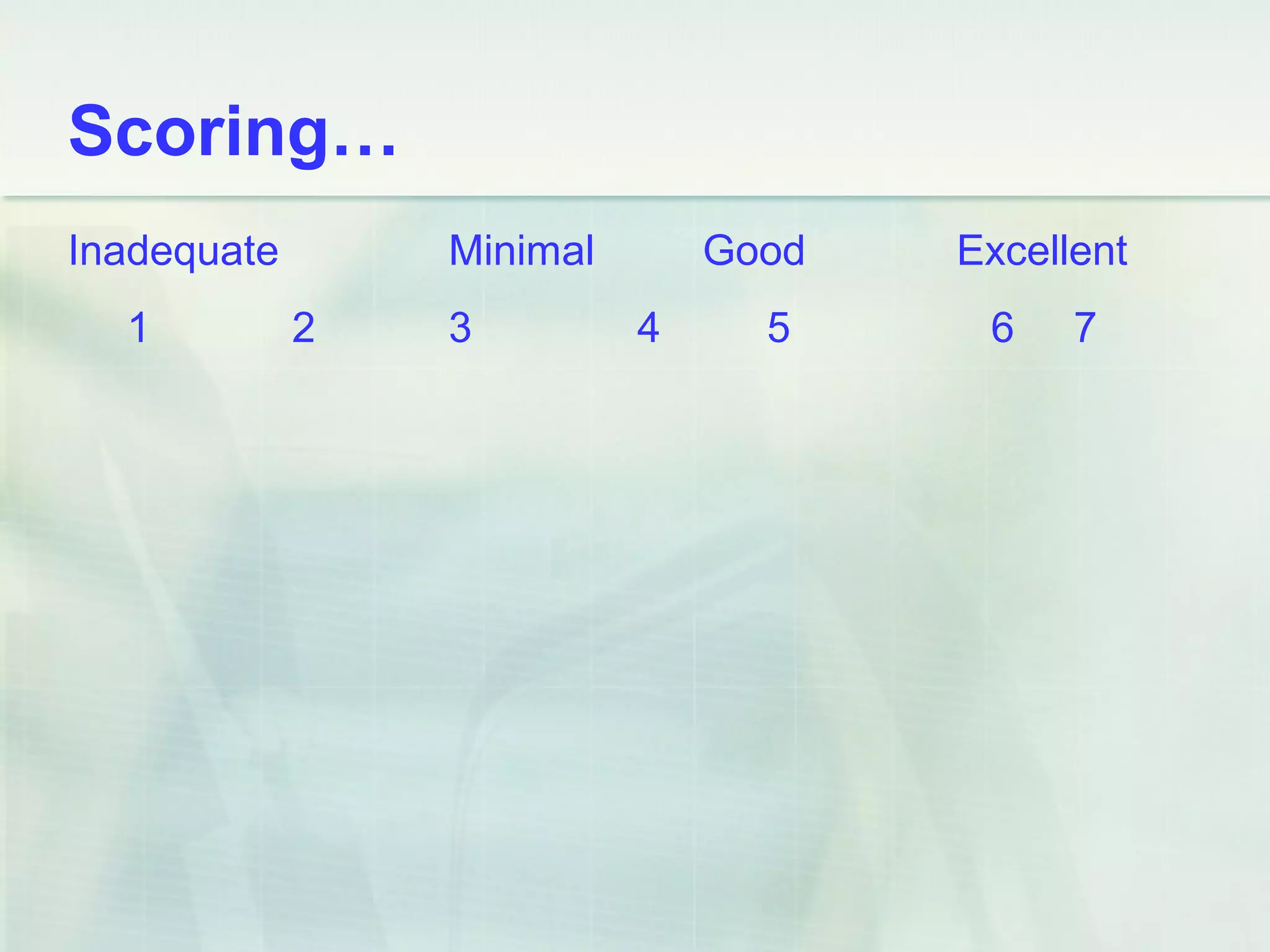 Scoring…
Inadequate Minimal Good Excellent
1 2 3 4 5 6 7
 