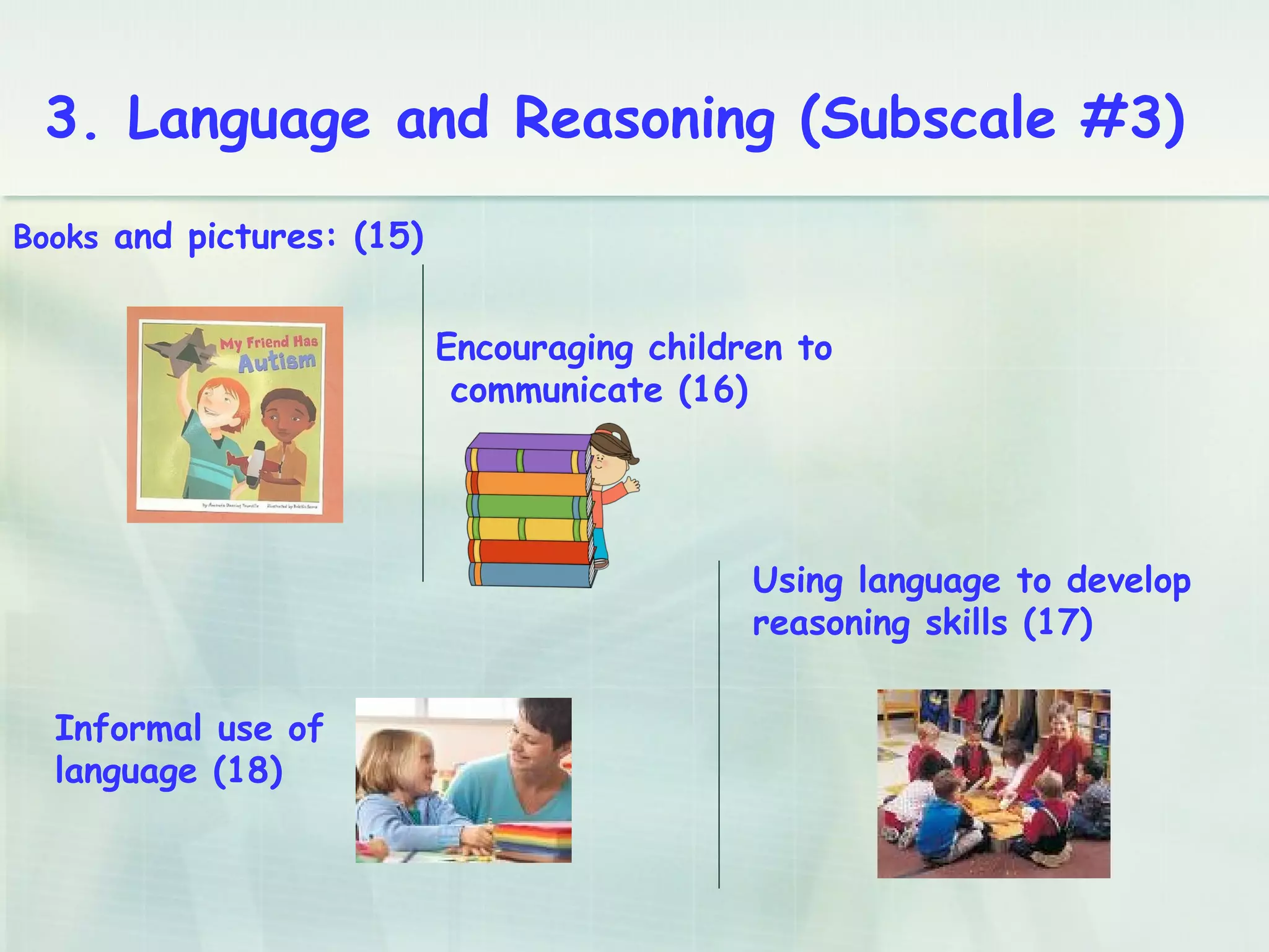 Books and pictures: (15)
3. Language and Reasoning (Subscale #3)
Encouraging children to
communicate (16)
Using language to develop
reasoning skills (17)
Informal use of
language (18)
 