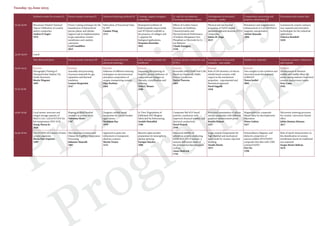 Preliminary
rogramme
12:45-13:00 Microwave Heated Chemical
Vapour Infiltration of ceramic
matrix composites
Andrea D'Angio'
1976
Freeze-Casting technique for the
manufacture of hierarchical
porous planar and tubular
support and its implementation
in gas separation ceramic
membranes and catalytic
converters
Cyril Gaudillere
2015
Fabrication of Functional Glass
by SPS
Lianjun Wang
2111
Bioinspired synthesis of
hydroxyapatite nanocrystals
and 3D hybrid scaffolds in
the presence of collagen and
L-arginine for
biological applications.
Despoina Brasinika
1843
Effects of Carbon Source
Structure on Synthesis,
Characterization and
Electrochemical Performance
of Sodium Manganese Iron
Phosphate as Electrode for Li-
ion Batteries
Claude Karegeya
2338
Physical and mechanical
properties of Ta2O5 doped
zirconiatoughened alumina (ZTA)
composites
Salma M. Naga
1615
Remanence and magnetization
enhancement in CoFe2O4/FeCo
magnetic nanopowders
Adrian Quesada
1895
Luminescent ceramic surfaces:
new material and innovative
technologies for the industrial
applications
Federica Bondioli
1626
13:00-15:00 Lunch
Thin films and layers Porous ceramic structures III Advanced materials from
advanced sintering I
Glass and glass ceramics for
healthcare
Ceramic proton conductors and
PCFCs
Development of structural
ceramics – non oxides
Multiferroic materials Technical ceramics, whitewares
and cements
15:00-15:15 Keynote:
Flexography Printing of
Nanoparticular Indium Tin
Oxide Structures
Moritz Wegener
1695
Keynote:
Assembly and processing
of porous materials for gas
separation and thermal
insulation
Lennart Bergström
2147
Keynote:
Influence of different sintering
techniques on microstructure
and phase composition of
oxygen-transporting ceramic
Olga Ravkina
2462
Keynote:
Improving the sintering of
bioactive glasses: Influence of
compositional changes on
viscosity, crystallisation and
sintering
Delia S. Brauer
2590
Keynote:
Reversible Solid Oxide Fuel Cells
Based on Chemically Stable
Proton Conductors
Enrico Traversa
1683
Keynote:
Role of GB chemistry of silicon
nitride based ceramics with
respect to the mechanical
properties - experimental and
theoretical approach
Pavol Sajgalik
1918
Keynote:
New insights in the synthesis and
microstructural development
of BiFeO3
Teresa Jardiel
2082
Keynote:
Development of alumina-
mullite and mullite filters for
metal casting industry from fired
ceramic sanitaryware wastes
Eray Çaşın
1942
15:15-15:30
15:30-15:45 Local atomic structure and
oxygen storage capacity of
MnO2-Ce(1-x)ZrxO2/TiO2 for
low temperature NH3-SCR
Seung-Hyeon Jo
2026
Shaping of alkali bonded
ceramics as porous wicks
Valentina Medri
1787
Tungsten carbide based
composites for circuit breaker
applications
Nachiketa Ray
1979
In Vitro Degradation of
Infiltrated 45S5 Bioglass
Fabricated by Robocasting
Azadeh Motealleh
1766
Composite BaCeO3-based
protonic conductors with
improved chemical stability and
electrical conductivity
Paweł Pasierb
2548
Structural examination of silicon
nitride composites with different
graphene reinforcement phase
Katalin Balazsi
2437
Magnetoelectric composite
bilayer films by electrophoretic
deposition
Pietro Galizia
2417
Microwave sintering processes
for ceramic: microwave kinetic
effect
Julián Jiménez Reinosa
2617
15:45-16:00 Use of LDH's as a source of nano
ceramic pigments
Maria Oset-Expósito
2209
Macroporous Ceramics and
Glasses by Capillary Suspension
Processing
Johannes Maurath
1881
Approach to grain size
refinement in transparent
alumina ceramics
Martin Trunec
2115
Bioactive glass powder
preparation for atmospheric
plasma spraying
Enrique Sánchez
1908
Structural stability of
anhydrous proton conducting
SrZr0.9Er0.1O3-δ ceramic: a
neutron diffraction study of
the protonation/deprotonation
cycling
Aneta Slodczyk
1744
Large ceramic components for
high thermal and mechanical
loads made by ceramic injection
molding.
Tassilo Moritz
1873
Extraordinary Magnetic and
dielectric properties of
nanocrystalline BTO/NZFO
composite thin film with (100)
oriented NZFO
Piyi Du
2396
Role of starch characteristics in
the densification of ceramic
membranes based on traditional
raw materials
Sergio Mestre Beltran
1676
Synthesis routes for ceramics II Porous ceramic structures II Advanced sintering methods III Coatings, organic/inorganic
composites
Li- and Na-ion batteries:
Processing and basic science
Development of structural
ceramics – oxides
Composition, processing and
property relationship III
Decoration and ceramic tiles
Tuesday 23 June 2015
 