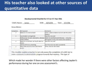 His teacher also looked at other sources of
quantitative data
Which made her wonder if there were other factors affecting Jayden’s
performance during her one on one assessment’s.
 