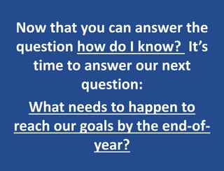Now that you can answer the
question how do I know? It’s
time to answer our next
question:
What needs to happen to
reach our goals by the end-of-
year?
 