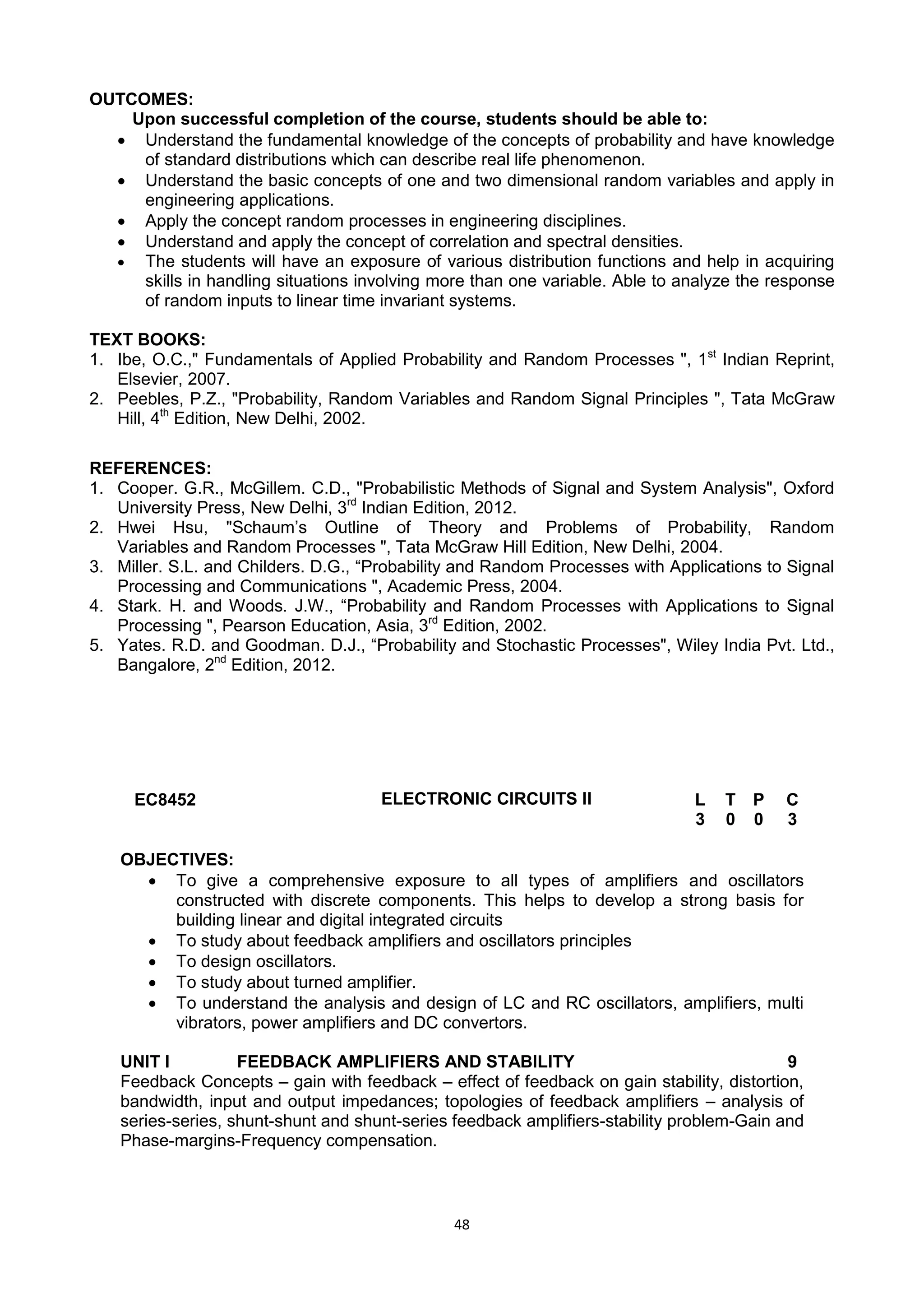 48
OUTCOMES:
Upon successful completion of the course, students should be able to:
 Understand the fundamental knowledge of the concepts of probability and have knowledge
of standard distributions which can describe real life phenomenon.
 Understand the basic concepts of one and two dimensional random variables and apply in
engineering applications.
 Apply the concept random processes in engineering disciplines.
 Understand and apply the concept of correlation and spectral densities.
 The students will have an exposure of various distribution functions and help in acquiring
skills in handling situations involving more than one variable. Able to analyze the response
of random inputs to linear time invariant systems.
TEXT BOOKS:
1. Ibe, O.C.," Fundamentals of Applied Probability and Random Processes ", 1st
Indian Reprint,
Elsevier, 2007.
2. Peebles, P.Z., "Probability, Random Variables and Random Signal Principles ", Tata McGraw
Hill, 4th
Edition, New Delhi, 2002.
REFERENCES:
1. Cooper. G.R., McGillem. C.D., "Probabilistic Methods of Signal and System Analysis", Oxford
University Press, New Delhi, 3rd
Indian Edition, 2012.
2. Hwei Hsu, "Schaum‘s Outline of Theory and Problems of Probability, Random
Variables and Random Processes ", Tata McGraw Hill Edition, New Delhi, 2004.
3. Miller. S.L. and Childers. D.G., ―Probability and Random Processes with Applications to Signal
Processing and Communications ", Academic Press, 2004.
4. Stark. H. and Woods. J.W., ―Probability and Random Processes with Applications to Signal
Processing ", Pearson Education, Asia, 3rd
Edition, 2002.
5. Yates. R.D. and Goodman. D.J., ―Probability and Stochastic Processes", Wiley India Pvt. Ltd.,
Bangalore, 2nd
Edition, 2012.
EC8452 ELECTRONIC CIRCUITS II L T P C
3 0 0 3
OBJECTIVES:
 To give a comprehensive exposure to all types of amplifiers and oscillators
constructed with discrete components. This helps to develop a strong basis for
building linear and digital integrated circuits
 To study about feedback amplifiers and oscillators principles
 To design oscillators.
 To study about turned amplifier.
 To understand the analysis and design of LC and RC oscillators, amplifiers, multi
vibrators, power amplifiers and DC convertors.
UNIT I FEEDBACK AMPLIFIERS AND STABILITY 9
Feedback Concepts – gain with feedback – effect of feedback on gain stability, distortion,
bandwidth, input and output impedances; topologies of feedback amplifiers – analysis of
series-series, shunt-shunt and shunt-series feedback amplifiers-stability problem-Gain and
Phase-margins-Frequency compensation.
 