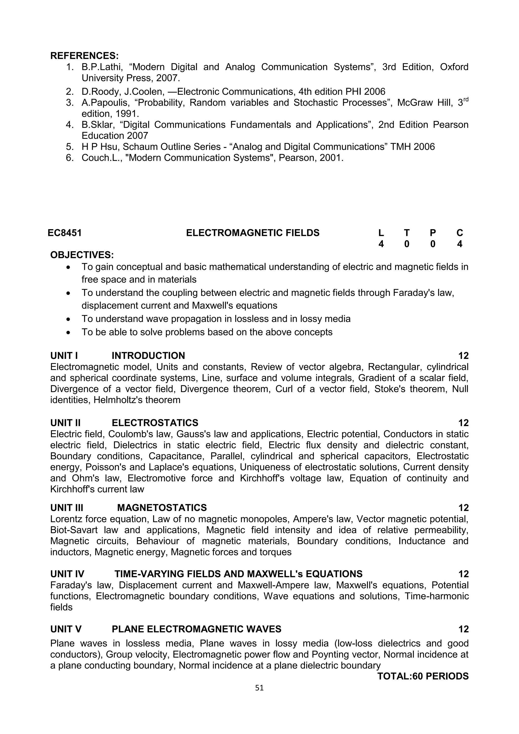 51
REFERENCES:
1. B.P.Lathi, ―Modern Digital and Analog Communication Systems‖, 3rd Edition, Oxford
University Press, 2007.
2. D.Roody, J.Coolen, ―Electronic Communications, 4th edition PHI 2006
3. A.Papoulis, ―Probability, Random variables and Stochastic Processes‖, McGraw Hill, 3rd
edition, 1991.
4. B.Sklar, ―Digital Communications Fundamentals and Applications‖, 2nd Edition Pearson
Education 2007
5. H P Hsu, Schaum Outline Series - ―Analog and Digital Communications‖ TMH 2006
6. Couch.L., "Modern Communication Systems", Pearson, 2001.
EC8451 ELECTROMAGNETIC FIELDS L T P C
4 0 0 4
OBJECTIVES:
 To gain conceptual and basic mathematical understanding of electric and magnetic fields in
free space and in materials
 To understand the coupling between electric and magnetic fields through Faraday's law,
displacement current and Maxwell's equations
 To understand wave propagation in lossless and in lossy media
 To be able to solve problems based on the above concepts
UNIT I INTRODUCTION 12
Electromagnetic model, Units and constants, Review of vector algebra, Rectangular, cylindrical
and spherical coordinate systems, Line, surface and volume integrals, Gradient of a scalar field,
Divergence of a vector field, Divergence theorem, Curl of a vector field, Stoke's theorem, Null
identities, Helmholtz's theorem
UNIT II ELECTROSTATICS 12
Electric field, Coulomb's law, Gauss's law and applications, Electric potential, Conductors in static
electric field, Dielectrics in static electric field, Electric flux density and dielectric constant,
Boundary conditions, Capacitance, Parallel, cylindrical and spherical capacitors, Electrostatic
energy, Poisson's and Laplace's equations, Uniqueness of electrostatic solutions, Current density
and Ohm's law, Electromotive force and Kirchhoff's voltage law, Equation of continuity and
Kirchhoff's current law
UNIT III MAGNETOSTATICS 12
Lorentz force equation, Law of no magnetic monopoles, Ampere's law, Vector magnetic potential,
Biot-Savart law and applications, Magnetic field intensity and idea of relative permeability,
Magnetic circuits, Behaviour of magnetic materials, Boundary conditions, Inductance and
inductors, Magnetic energy, Magnetic forces and torques
UNIT IV TIME-VARYING FIELDS AND MAXWELL's EQUATIONS 12
Faraday's law, Displacement current and Maxwell-Ampere law, Maxwell's equations, Potential
functions, Electromagnetic boundary conditions, Wave equations and solutions, Time-harmonic
fields
UNIT V PLANE ELECTROMAGNETIC WAVES 12
Plane waves in lossless media, Plane waves in lossy media (low-loss dielectrics and good
conductors), Group velocity, Electromagnetic power flow and Poynting vector, Normal incidence at
a plane conducting boundary, Normal incidence at a plane dielectric boundary
TOTAL:60 PERIODS
 