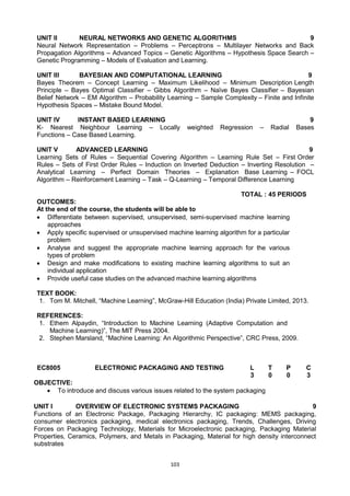 103
UNIT II NEURAL NETWORKS AND GENETIC ALGORITHMS 9
Neural Network Representation – Problems – Perceptrons – Multilayer Networks and Back
Propagation Algorithms – Advanced Topics – Genetic Algorithms – Hypothesis Space Search –
Genetic Programming – Models of Evaluation and Learning.
UNIT III BAYESIAN AND COMPUTATIONAL LEARNING 9
Bayes Theorem – Concept Learning – Maximum Likelihood – Minimum Description Length
Principle – Bayes Optimal Classifier – Gibbs Algorithm – Naïve Bayes Classifier – Bayesian
Belief Network – EM Algorithm – Probability Learning – Sample Complexity – Finite and Infinite
Hypothesis Spaces – Mistake Bound Model.
UNIT IV INSTANT BASED LEARNING 9
K- Nearest Neighbour Learning – Locally weighted Regression – Radial Bases
Functions – Case Based Learning.
UNIT V ADVANCED LEARNING 9
Learning Sets of Rules – Sequential Covering Algorithm – Learning Rule Set – First Order
Rules – Sets of First Order Rules – Induction on Inverted Deduction – Inverting Resolution –
Analytical Learning – Perfect Domain Theories – Explanation Base Learning – FOCL
Algorithm – Reinforcement Learning – Task – Q-Learning – Temporal Difference Learning
TOTAL : 45 PERIODS
OUTCOMES:
At the end of the course, the students will be able to
 Differentiate between supervised, unsupervised, semi-supervised machine learning
approaches
 Apply specific supervised or unsupervised machine learning algorithm for a particular
problem
 Analyse and suggest the appropriate machine learning approach for the various
types of problem
 Design and make modifications to existing machine learning algorithms to suit an
individual application
 Provide useful case studies on the advanced machine learning algorithms
TEXT BOOK:
1. Tom M. Mitchell, ―Machine Learning‖, McGraw-Hill Education (India) Private Limited, 2013.
REFERENCES:
1. Ethem Alpaydin, ―Introduction to Machine Learning (Adaptive Computation and
Machine Learning)‖, The MIT Press 2004.
2. Stephen Marsland, ―Machine Learning: An Algorithmic Perspective‖, CRC Press, 2009.
EC8005 ELECTRONIC PACKAGING AND TESTING L T P C
3 0 0 3
OBJECTIVE:
 To introduce and discuss various issues related to the system packaging
UNIT I OVERVIEW OF ELECTRONIC SYSTEMS PACKAGING 9
Functions of an Electronic Package, Packaging Hierarchy, IC packaging: MEMS packaging,
consumer electronics packaging, medical electronics packaging, Trends, Challenges, Driving
Forces on Packaging Technology, Materials for Microelectronic packaging, Packaging Material
Properties, Ceramics, Polymers, and Metals in Packaging, Material for high density interconnect
substrates
 