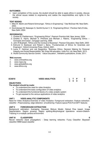 114
OUTCOMES:
 Upon completion of the course, the student should be able to apply ethics in society, discuss
the ethical issues related to engineering and realize the responsibilities and rights in the
society.
TEXT BOOKS:
1. Mike W. Martin and Roland Schinzinger, ―Ethics in Engineering‖, Tata McGraw Hill, New Delhi,
2003.
2. Govindarajan M, Natarajan S, Senthil Kumar V. S, ―Engineering Ethics‖, Prentice Hall of India,
New Delhi, 2004.
REFERENCES:
1. Charles B. Fleddermann, ―Engineering Ethics‖, Pearson Prentice Hall, New Jersey, 2004.
2. Charles E. Harris, Michael S. Pritchard and Michael J. Rabins, ―Engineering Ethics –
Concepts and Cases‖, Cengage Learning, 2009.
3. John R Boatright, ―Ethics and the Conduct of Business‖, Pearson Education, New Delhi, 2003
4. Edmund G Seebauer and Robert L Barry, ―Fundamentals of Ethics for Scientists and
Engineers‖, Oxford University Press, Oxford, 2001.
5. Laura P. Hartman and Joe Desjardins, ―Business Ethics: Decision Making for Personal
Integrity and Social Responsibility‖ Mc Graw Hill education, India Pvt. Ltd.,New Delhi, 2013.
6. World Community Service Centre, ‗ Value Education‘, Vethathiri publications, Erode, 2011.
Web sources:
1. www.onlineethics.org
2. www.nspe.org
3. www.globalethics.org
4. www.ethics.org
EC8010 VIDEO ANALYTICS L T P C
3 0 0 3
OBJECTIVES:
The student should be made:
 To understand the need for video Analytics
 To understand the basic configuration of video analytics
 To understand the functional blocks of a video analytic system
 To get exposed to the various applications of video analytics
UNIT I VIDEO ANALYTIC COMPONENTS 9
Need for Video Analytics-Overview of video Analytics- Foreground extraction- Feature extraction-
classifier - Preprocessing- edge detection- smoothening- Feature space-PCA-FLD-SIFT features
UNIT II FOREGROUND EXTRACTION 9
Background estimation- Averaging- Gaussian Mixture Model- Optical Flow based- Image
Segmentation- Region growing- Region splitting-Morphological operations- erosion-Dilation-
Tracking in a multiple camera environment
UNIT III CLASSIFIERS 9
Neural networks (back propagation) - Deep learning networks- Fuzzy Classifier- Bayesian
classifier-HMM based classifier
 