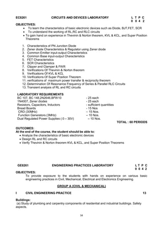 34
EC8261 CIRCUITS AND DEVICES LABORATORY L T P C
0 0 4 2
OBJECTIVES:
 To learn the characteristics of basic electronic devices such as Diode, BJT,FET, SCR
 To understand the working of RL,RC and RLC circuits
 To gain hand on experience in Thevinin & Norton theorem, KVL & KCL, and Super Position
Theorems
1. Characteristics of PN Junction Diode
2. Zener diode Characteristics & Regulator using Zener diode
3. Common Emitter input-output Characteristics
4. Common Base input-output Characteristics
5. FET Characteristics
6. SCR Characteristics
7. Clipper and Clamper & FWR
8. Verifications Of Thevinin & Norton theorem
9. Verifications Of KVL & KCL
10. Verifications Of Super Position Theorem
11. verifications of maximum power transfer & reciprocity theorem
12. Determination Of Resonance Frequency of Series & Parallel RLC Circuits
13. Transient analysis of RL and RC circuits
LABORATORY REQUIREMENTS
BC 107, BC 148,2N2646,BFW10 - 25 each
1N4007, Zener diodes - 25 each
Resistors, Capacitors, Inductors - sufficient quantities
Bread Boards - 15 Nos
CRO (30MHz) – 15 Nos.
Function Generators (3MHz) – 10 Nos.
Dual Regulated Power Supplies ( 0 – 30V) – 10 Nos.
TOTAL : 60 PERIODS
OUTCOMES:
At the end of the course, the student should be able to:
 Analyze the characteristics of basic electronic devices
 Design RL and RC circuits
 Verify Thevinin & Norton theorem KVL & KCL, and Super Position Theorems
GE8261 ENGINEERING PRACTICES LABORATORY L T P C
0 0 4 2
OBJECTIVES:
To provide exposure to the students with hands on experience on various basic
engineering practices in Civil, Mechanical, Electrical and Electronics Engineering.
GROUP A (CIVIL & MECHANICAL)
I CIVIL ENGINEERING PRACTICE 13
Buildings:
(a) Study of plumbing and carpentry components of residential and industrial buildings. Safety
aspects.
 