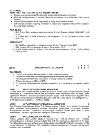 52
OUTCOMES:
By the end of this course, the student should be able to:
 Display an understanding of fundamental electromagnetic laws and concepts
 Write Maxwell's equations in integral, differential and phasor forms and explain their physical
meaning
 Explain electromagnetic wave propagation in lossy and in lossless media
 Solve simple problems requiring estimation of electric and magnetic field quantities based on
these concepts and laws
TEXT BOOKS:
1. D.K. Cheng, Field and wave electromagnetics, 2nd ed., Pearson (India), 1989 (UNIT I, II,III
IV,V)
2. W.H. Hayt and J.A. Buck, Engineering electrmagnetics, 7th ed., McGraw-Hill (India), 2006
(UNIT I-V)
REFERENCES
1. D.J. Griffiths, Introduction to electrodynamics, 4th ed., Pearson (India), 2013
2. B.M. Notaros, Electromagnetics, Pearson: New Jersey, 2011
3. M.N.O. Sadiku and S.V. Kulkarni, Principles of electromagnetics, 6th ed., Oxford (Asian
Edition), 2015
EC8453 LINEAR INTEGRATED CIRCUITS
L T P C
3 0 0 3
OBJECTIVES:
 To introduce the basic building blocks of linear integrated circuits
 To learn the linear and non-linear applications of operational amplifiers
 To introduce the theory and applications of analog multipliers and PLL
 To learn the theory of ADC and DAC
 To introduce the concepts of waveform generation and introduce some special function
ICs
UNIT I BASICS OF OPERATIONAL AMPLIFIERS 9
Current mirror and current sources, Current sources as active loads, Voltage sources, Voltage
References, BJT Differential amplifier with active loads, Basic information about op-amps – Ideal
Operational Amplifier - General operational amplifier stages -and internal circuit diagrams of IC
741, DC and AC performance characteristics, slew rate, Open and closed loop configurations –
JFET Operational Amplifiers – LF155 and TL082.
UNIT II APPLICATIONS OF OPERATIONAL AMPLIFIERS 9
Sign Changer, Scale Changer, Phase Shift Circuits, Voltage Follower, V-to-I and I-to-V converters,
adder, subtractor, Instrumentation amplifier, Integrator, Differentiator, Logarithmic amplifier,
Antilogarithmic amplifier, Comparators, Schmitt trigger, Precision rectifier, peak detector, clipper
and clamper, Low-pass, high-pass and band-pass Butterworth filters.
UNIT III ANALOG MULTIPLIER AND PLL 9
Analog Multiplier using Emitter Coupled Transistor Pair - Gilbert Multiplier cell – Variable
transconductance technique, analog multiplier ICs and their applications, Operation of the basic
PLL, Closed loop analysis, Voltage controlled oscillator, Monolithic PLL IC 565, application of PLL
for AM detection, FM detection, FSK modulation and demodulation and Frequency synthesizing
and clock synchronisation.
 