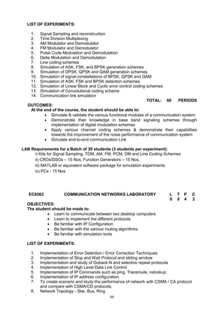 64
LIST OF EXPERIMENTS:
1. Signal Sampling and reconstruction
2. Time Division Multiplexing
3. AM Modulator and Demodulator
4. FM Modulator and Demodulator
5. Pulse Code Modulation and Demodulation
6. Delta Modulation and Demodulation
7. Line coding schemes
8. Simulation of ASK, FSK, and BPSK generation schemes
9. Simulation of DPSK, QPSK and QAM generation schemes
10. Simulation of signal constellations of BPSK, QPSK and QAM
11. Simulation of ASK, FSK and BPSK detection schemes
12. Simulation of Linear Block and Cyclic error control coding schemes
13. Simulation of Convolutional coding scheme
14. Communication link simulation
TOTAL: 60 PERIODS
OUTCOMES:
At the end of the course, the student should be able to:
 Simulate & validate the various functional modules of a communication system
 Demonstrate their knowledge in base band signaling schemes through
implementation of digital modulation schemes
 Apply various channel coding schemes & demonstrate their capabilities
towards the improvement of the noise performance of communication system
 Simulate end-to-end communication Link
LAB Requirements for a Batch of 30 students (3 students per experiment):
i) Kits for Signal Sampling, TDM, AM, FM, PCM, DM and Line Coding Schemes
ii) CROs/DSOs – 15 Nos, Function Generators – 15 Nos.
iii) MATLAB or equivalent software package for simulation experiments
iv) PCs - 15 Nos
EC8563 COMMUNICATION NETWORKS LABORATORY L T P C
0 0 4 2
OBJECTIVES:
The student should be made to:
 Learn to communicate between two desktop computers
 Learn to implement the different protocols
 Be familiar with IP Configuration
 Be familiar with the various routing algorithms
 Be familiar with simulation tools
LIST OF EXPERIMENTS:
1. Implementation of Error Detection / Error Correction Techniques
2. Implementation of Stop and Wait Protocol and sliding window
3. Implementation and study of Goback-N and selective repeat protocols
4. Implementation of High Level Data Link Control
5. Implementation of IP Commands such as ping, Traceroute, nslookup.
6. Implementation of IP address configuration.
7. To create scenario and study the performance of network with CSMA / CA protocol
and compare with CSMA/CD protocols.
8. Network Topology - Star, Bus, Ring
 