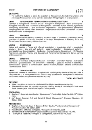 69
MG8591 PRINCIPLES OF MANAGEMENT L T P C
3 0 0 3
OBJECTIVE:
 To enable the students to study the evolution of Management, to study the functions and
principles of management and to learn the application of the principles in an organization .
UNIT I INTRODUCTION TO MANAGEMENT AND ORGANIZATIONS 9
Definition of Management – Science or Art – Manager Vs Entrepreneur - types of managers -
managerial roles and skills – Evolution of Management – Scientific, human relations, system and
contingency approaches – Types of Business organization - Sole proprietorship, partnership,
company-public and private sector enterprises - Organization culture and Environment – Current
trends and issues in Management.
UNIT II PLANNING 9
Nature and purpose of planning – planning process – types of planning – objectives – setting
objectives – policies – Planning premises – Strategic Management – Planning Tools and
Techniques – Decision making steps and process.
UNIT III ORGANISING 9
Nature and purpose – Formal and informal organization – organization chart – organization
structure – types – Line and staff authority – departmentalization – delegation of authority –
centralization and decentralization – Job Design - Human Resource Management – HR Planning,
Recruitment, selection, Training and Development, Performance Management, Career planning
and management
UNIT IV DIRECTING 9
Foundations of individual and group behaviour – motivation – motivation theories – motivational
techniques – job satisfaction – job enrichment – leadership – types and theories of leadership –
communication – process of communication – barrier in communication – effective communication
–communication and IT.
UNIT V CONTROLLING 9
System and process of controlling – budgetary and non-budgetary control techniques – use of
computers and IT in Management control – Productivity problems and management – control and
performance – direct and preventive control – reporting.
TOTAL: 45 PERIODS
OUTCOME:
 Upon completion of the course, students will be able to have clear understanding
 Managerial functions like planning, organizing, staffing, leading & controlling and have same
basic knowledge on international aspect of management
TEXTBOOKS:
1. Stephen P. Robbins & Mary Coulter, ―Management‖, Prentice Hall (India) Pvt. Ltd., 10th
Edition,
2009.
2. JAF Stoner, Freeman R.E and Daniel R Gilbert ―Management‖, Pearson Education, 6th
Edition, 2004.
REFERENCES:
1. Stephen A. Robbins & David A. Decenzo & Mary Coulter, ―Fundamentals of Management‖
Pearson Education, 7th Edition, 2011.
2. Robert Kreitner & Mamata Mohapatra, ― Management‖, Biztantra, 2008.
3. Harold Koontz & Heinz Weihrich ―Essentials of management‖ Tata McGraw Hill,1998.
4. Tripathy PC & Reddy PN, ―Principles of Management‖, Tata McGraw Hill, 1999
 