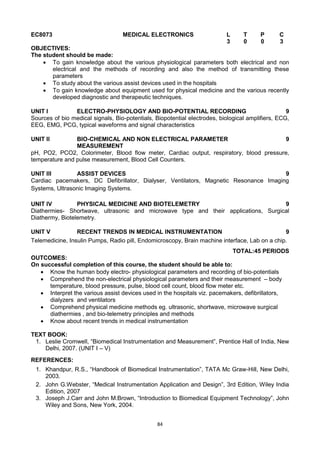 84
EC8073 MEDICAL ELECTRONICS L T P C
3 0 0 3
OBJECTIVES:
The student should be made:
 To gain knowledge about the various physiological parameters both electrical and non
electrical and the methods of recording and also the method of transmitting these
parameters
 To study about the various assist devices used in the hospitals
 To gain knowledge about equipment used for physical medicine and the various recently
developed diagnostic and therapeutic techniques.
UNIT I ELECTRO-PHYSIOLOGY AND BIO-POTENTIAL RECORDING 9
Sources of bio medical signals, Bio-potentials, Biopotential electrodes, biological amplifiers, ECG,
EEG, EMG, PCG, typical waveforms and signal characteristics
UNIT II BIO-CHEMICAL AND NON ELECTRICAL PARAMETER
MEASUREMENT
9
pH, PO2, PCO2, Colorimeter, Blood flow meter, Cardiac output, respiratory, blood pressure,
temperature and pulse measurement, Blood Cell Counters.
UNIT III ASSIST DEVICES 9
Cardiac pacemakers, DC Defibrillator, Dialyser, Ventilators, Magnetic Resonance Imaging
Systems, Ultrasonic Imaging Systems.
UNIT IV PHYSICAL MEDICINE AND BIOTELEMETRY 9
Diathermies- Shortwave, ultrasonic and microwave type and their applications, Surgical
Diathermy, Biotelemetry.
UNIT V RECENT TRENDS IN MEDICAL INSTRUMENTATION 9
Telemedicine, Insulin Pumps, Radio pill, Endomicroscopy, Brain machine interface, Lab on a chip.
TOTAL:45 PERIODS
OUTCOMES:
On successful completion of this course, the student should be able to:
 Know the human body electro- physiological parameters and recording of bio-potentials
 Comprehend the non-electrical physiological parameters and their measurement – body
temperature, blood pressure, pulse, blood cell count, blood flow meter etc.
 Interpret the various assist devices used in the hospitals viz. pacemakers, defibrillators,
dialyzers and ventilators
 Comprehend physical medicine methods eg. ultrasonic, shortwave, microwave surgical
diathermies , and bio-telemetry principles and methods
 Know about recent trends in medical instrumentation
TEXT BOOK:
1. Leslie Cromwell, ―Biomedical Instrumentation and Measurement‖, Prentice Hall of India, New
Delhi, 2007. (UNIT I – V)
REFERENCES:
1. Khandpur, R.S., ―Handbook of Biomedical Instrumentation‖, TATA Mc Graw-Hill, New Delhi,
2003.
2. John G.Webster, ―Medical Instrumentation Application and Design‖, 3rd Edition, Wiley India
Edition, 2007
3. Joseph J.Carr and John M.Brown, ―Introduction to Biomedical Equipment Technology‖, John
Wiley and Sons, New York, 2004.
 