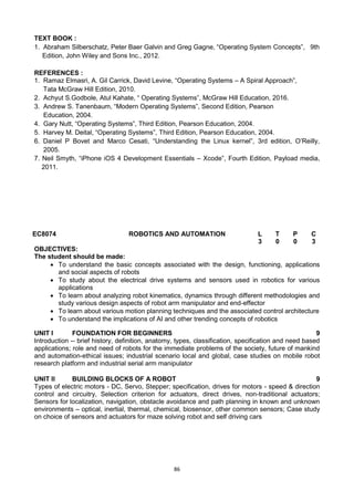 86
TEXT BOOK :
1. Abraham Silberschatz, Peter Baer Galvin and Greg Gagne, ―Operating System Concepts‖, 9th
Edition, John Wiley and Sons Inc., 2012.
REFERENCES :
1. Ramaz Elmasri, A. Gil Carrick, David Levine, ―Operating Systems – A Spiral Approach‖,
Tata McGraw Hill Edition, 2010.
2. Achyut S.Godbole, Atul Kahate, ― Operating Systems‖, McGraw Hill Education, 2016.
3. Andrew S. Tanenbaum, ―Modern Operating Systems‖, Second Edition, Pearson
Education, 2004.
4. Gary Nutt, ―Operating Systems‖, Third Edition, Pearson Education, 2004.
5. Harvey M. Deital, ―Operating Systems‖, Third Edition, Pearson Education, 2004.
6. Daniel P Bovet and Marco Cesati, ―Understanding the Linux kernel‖, 3rd edition, O‘Reilly,
2005.
7. Neil Smyth, ―iPhone iOS 4 Development Essentials – Xcode‖, Fourth Edition, Payload media,
2011.
EC8074 ROBOTICS AND AUTOMATION L T P C
3 0 0 3
OBJECTIVES:
The student should be made:
 To understand the basic concepts associated with the design, functioning, applications
and social aspects of robots
 To study about the electrical drive systems and sensors used in robotics for various
applications
 To learn about analyzing robot kinematics, dynamics through different methodologies and
study various design aspects of robot arm manipulator and end-effector
 To learn about various motion planning techniques and the associated control architecture
 To understand the implications of AI and other trending concepts of robotics
UNIT I FOUNDATION FOR BEGINNERS 9
Introduction -- brief history, definition, anatomy, types, classification, specification and need based
applications; role and need of robots for the immediate problems of the society, future of mankind
and automation-ethical issues; industrial scenario local and global, case studies on mobile robot
research platform and industrial serial arm manipulator
UNIT II BUILDING BLOCKS OF A ROBOT 9
Types of electric motors - DC, Servo, Stepper; specification, drives for motors - speed & direction
control and circuitry, Selection criterion for actuators, direct drives, non-traditional actuators;
Sensors for localization, navigation, obstacle avoidance and path planning in known and unknown
environments – optical, inertial, thermal, chemical, biosensor, other common sensors; Case study
on choice of sensors and actuators for maze solving robot and self driving cars
 