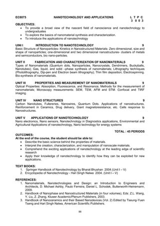 88
EC8075 NANOTECHNOLOGY AND APPLICATIONS L T P C
3 0 0 3
OBJECTIVES:
 To provide a broad view of the nascent field of nanoscience and nanotechnology to
undergraduates
 To explore the basics of nanomaterial synthesis and characterization.
 To introduce the applications of nanotechnology
UINI I INTRODUCTION TO NANOTECHNOLOGY 9
Basic Structure of Nanoparticles- Kinetics in Nanostructured Materials- Zero dimensional, size and
shape of nanoparticles; one-dimensional and two dimensional nanostructures- clusters of metals
and semiconductors, bio nano-particles.
UNIT II FABRICATION AND CHARACTERIZATION OF NANOMATERIALS 9
Types of Nanomaterials (Quantum dots, Nanoparticles, Nanocrystals, Dendrimers, Buckyballs,
Nanotubes); Gas, liquid, and solid –phase synthesis of nanomaterials; Lithography techniques
(Photolithography, Dip-pen and Electron beam lithography); Thin film deposition; Electrospinning.
Bio-synthesis of nanomaterials.
UNIT III PROPERTIES AND MEASUREMENT OF NANOMATERIALS 9
Optical Properties: Absorption, Fluorescence, and Resonance; Methods for the measurement of
nanomaterials; Microscopy measurements: SEM, TEM, AFM and STM. Confocal and TIRF
imaging.
UNIT IV NANO STRUCTURES 9
Carbon Nanotubes, Fullerenes, Nanowires, Quantum Dots. Applications of nanostructures.
Reinforcement in Ceramics, Drug delivery, Giant magnetoresistance, etc. Cells response to
Nanostructures.
UNIT V APPLICATIONS OF NANOTECHNOLOGY 9
Nano electronics, Nano sensors, Nanotechnology in Diagnostics applications, Environmental and
Agricultural Applications of nanotechnology, Nano technology for energy systems
TOTAL : 45 PERIODS
OUTCOMES:
At the end of the course, the student should be able to:
 Describe the basic science behind the properties of materials.
 Interpret the creation, characterization, and manipulation of nanoscale materials.
 Comprehend the exciting applications of nanotechnology at the leading edge of scientific
research
 Apply their knowledge of nanotechnology to identify how they can be exploited for new
applications.
TEXT BOOKS:
1. Springer Handbook of Nanotechnology by Bharat Bhushan 2004.(Unit I – V)
2. Encyclopedia of Nanotechnology - Hari Singh Nalwa 2004. (Unit I – V)
REFERENCES:
1. Nanomaterials, Nanotechnologies and Design: an Introduction to Engineers and
Architects, D. Michael Ashby, Paulo Ferreira, Daniel L. Schodek, Butterworth-Heinemann,
2009.
2. Handbook of Nanophase and Nanostructured Materials (in four volumes), Eds: Z.L. Wang,
Y. Liu, Z. Zhang, Kluwer Academic/Plenum Publishers, 2003.
3. Handbook of Nanoceramics and their Based Nanodevices (Vol. 2) Edited by Tseung-Yuen
Tseng and Hari Singh Nalwa, American Scientific Publishers.
 