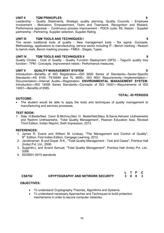 90
UNIT II TQM PRINCIPLES 9
Leadership - Quality Statements, Strategic quality planning, Quality Councils - Employee
involvement - Motivation, Empowerment, Team and Teamwork, Recognition and Reward,
Performance appraisal - Continuous process improvement - PDCA cycle, 5S, Kaizen - Supplier
partnership - Partnering, Supplier selection, Supplier Rating.
UNIT III TQM TOOLS AND TECHNIQUES I 9
The seven traditional tools of quality - New management tools - Six sigma: Concepts,
Methodology, applications to manufacturing, service sector including IT - Bench marking - Reason
to bench mark, Bench marking process - FMEA - Stages, Types.
UNIT IV TQM TOOLS AND TECHNIQUES II 9
Quality Circles - Cost of Quality - Quality Function Deployment (QFD) - Taguchi quality loss
function - TPM - Concepts, improvement needs - Performance measures.
UNIT V QUALITY MANAGEMENT SYSTEM 9
Introduction—Benefits of ISO Registration—ISO 9000 Series of Standards—Sector-Specific
Standards—AS 9100, TS16949 and TL 9000-- ISO 9001 Requirements—Implementation—
Documentation—Internal Audits—Registration- ENVIRONMENTAL MANAGEMENT SYSTEM:
Introduction—ISO 14000 Series Standards—Concepts of ISO 14001—Requirements of ISO
14001—Benefits of EMS.
TOTAL: 45 PERIODS
OUTCOME:
 The student would be able to apply the tools and techniques of quality management to
manufacturing and services processes.
TEXT BOOK:
1. Dale H.Besterfiled, Carol B.Michna,Glen H. Besterfield,Mary B.Sacre,Hemant Urdhwareshe
and Rashmi Urdhwareshe, ―Total Quality Management‖, Pearson Education Asia, Revised
Third Edition, Indian Reprint, Sixth Impression, 2013.
REFERENCES:
1. James R. Evans and William M. Lindsay, "The Management and Control of Quality",
8th
Edition, First Indian Edition, Cengage Learning, 2012.
2. Janakiraman. B and Gopal .R.K., "Total Quality Management - Text and Cases", Prentice Hall
(India) Pvt. Ltd., 2006.
3. Suganthi.L and Anand Samuel, "Total Quality Management", Prentice Hall (India) Pvt. Ltd.,
2006.
4. ISO9001-2015 standards
CS8792 CRYPTOGRAPHY AND NETWORK SECURITY
L T P C
3 0 0 3
OBJECTIVES:
 To understand Cryptography Theories, Algorithms and Systems.
 To understand necessary Approaches and Techniques to build protection
mechanisms in order to secure computer networks.
 