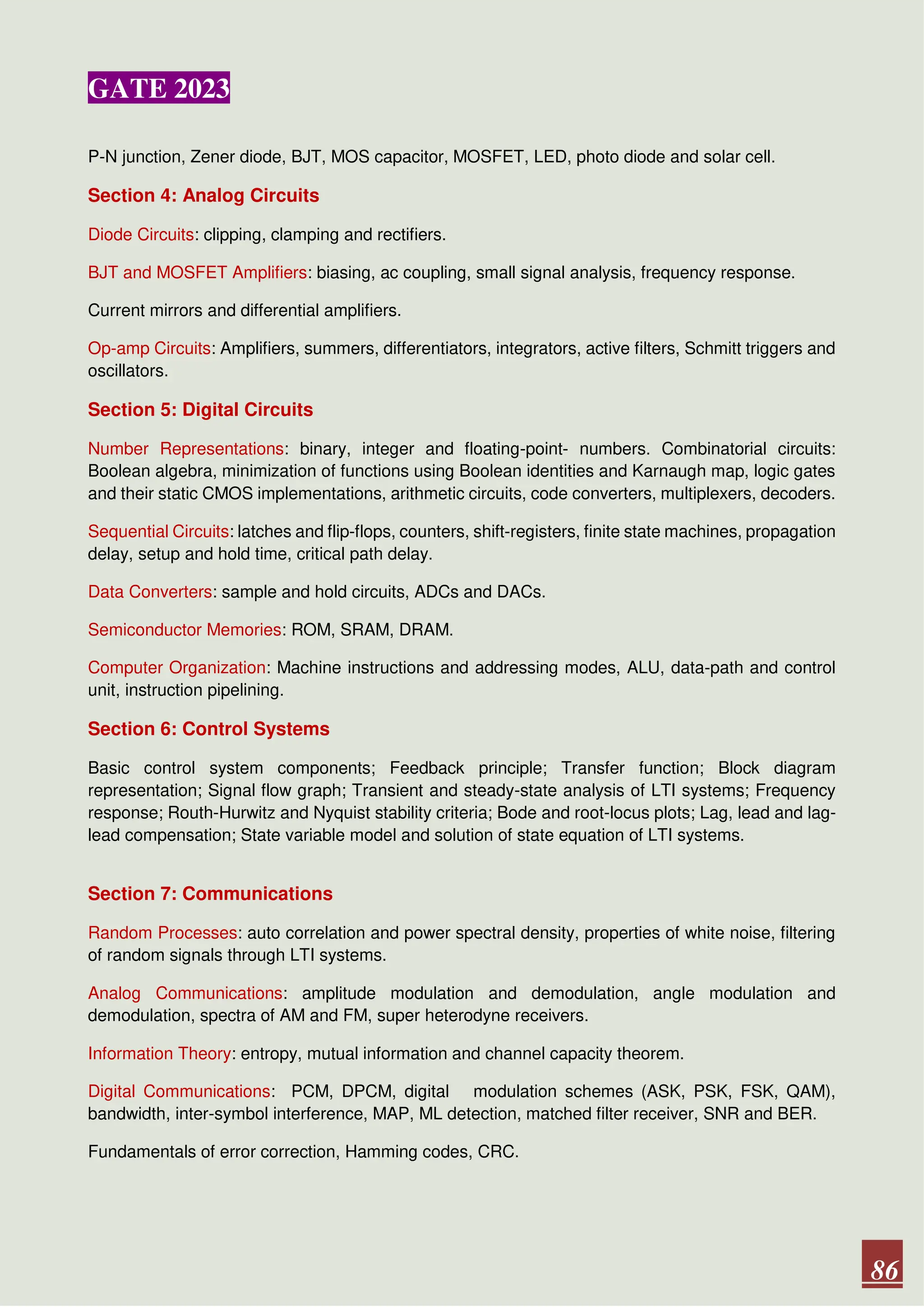 GATE 2023
86
P-N junction, Zener diode, BJT, MOS capacitor, MOSFET, LED, photo diode and solar cell.
Section 4: Analog Circuits
Diode Circuits: clipping, clamping and rectifiers.
BJT and MOSFET Amplifiers: biasing, ac coupling, small signal analysis, frequency response.
Current mirrors and differential amplifiers.
Op-amp Circuits: Amplifiers, summers, differentiators, integrators, active filters, Schmitt triggers and
oscillators.
Section 5: Digital Circuits
Number Representations: binary, integer and floating-point- numbers. Combinatorial circuits:
Boolean algebra, minimization of functions using Boolean identities and Karnaugh map, logic gates
and their static CMOS implementations, arithmetic circuits, code converters, multiplexers, decoders.
Sequential Circuits: latches and flip-flops, counters, shift-registers, finite state machines, propagation
delay, setup and hold time, critical path delay.
Data Converters: sample and hold circuits, ADCs and DACs.
Semiconductor Memories: ROM, SRAM, DRAM.
Computer Organization: Machine instructions and addressing modes, ALU, data-path and control
unit, instruction pipelining.
Section 6: Control Systems
Basic control system components; Feedback principle; Transfer function; Block diagram
representation; Signal flow graph; Transient and steady-state analysis of LTI systems; Frequency
response; Routh-Hurwitz and Nyquist stability criteria; Bode and root-locus plots; Lag, lead and lag-
lead compensation; State variable model and solution of state equation of LTI systems.
Section 7: Communications
Random Processes: auto correlation and power spectral density, properties of white noise, filtering
of random signals through LTI systems.
Analog Communications: amplitude modulation and demodulation, angle modulation and
demodulation, spectra of AM and FM, super heterodyne receivers.
Information Theory: entropy, mutual information and channel capacity theorem.
Digital Communications: PCM, DPCM, digital modulation schemes (ASK, PSK, FSK, QAM),
bandwidth, inter-symbol interference, MAP, ML detection, matched filter receiver, SNR and BER.
Fundamentals of error correction, Hamming codes, CRC.
 
