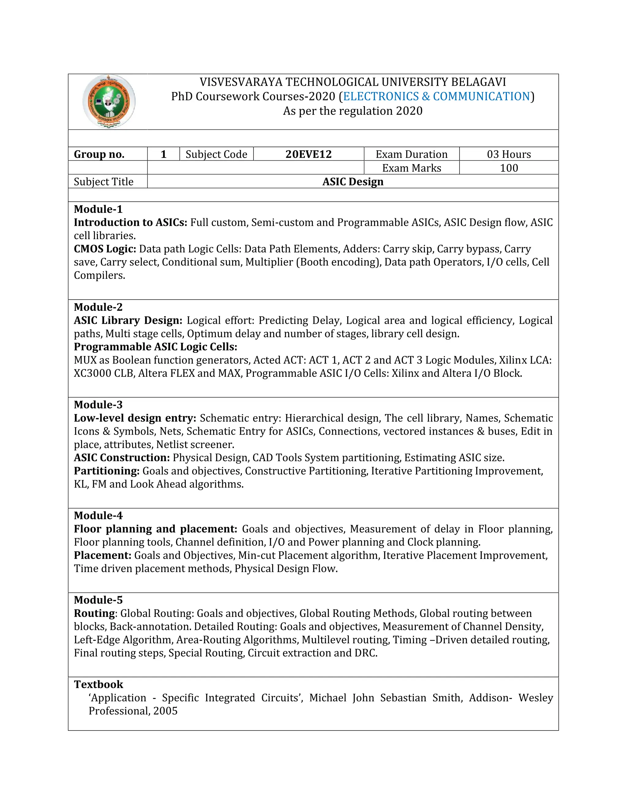 VISVESVARAYA TECHNOLOGICAL UNIVERSITY BELAGAVI
PhD Coursework Courses-2020 (ELECTRONICS & COMMUNICATION)
As per the regulation 2020
Group no. 1 Subject Code 20EVE12 Exam Duration 03 Hours
Exam Marks 100
Subject Title ASIC Design
Module-1
Introduction to ASICs: Full custom, Semi-custom and Programmable ASICs, ASIC Design flow, ASIC
cell libraries.
CMOS Logic: Data path Logic Cells: Data Path Elements, Adders: Carry skip, Carry bypass, Carry
save, Carry select, Conditional sum, Multiplier (Booth encoding), Data path Operators, I/O cells, Cell
Compilers.
Module-2
ASIC Library Design: Logical effort: Predicting Delay, Logical area and logical efficiency, Logical
paths, Multi stage cells, Optimum delay and number of stages, library cell design.
Programmable ASIC Logic Cells:
MUX as Boolean function generators, Acted ACT: ACT 1, ACT 2 and ACT 3 Logic Modules, Xilinx LCA:
XC3000 CLB, Altera FLEX and MAX, Programmable ASIC I/O Cells: Xilinx and Altera I/O Block.
Module-3
Low-level design entry: Schematic entry: Hierarchical design, The cell library, Names, Schematic
Icons & Symbols, Nets, Schematic Entry for ASICs, Connections, vectored instances & buses, Edit in
place, attributes, Netlist screener.
ASIC Construction: Physical Design, CAD Tools System partitioning, Estimating ASIC size.
Partitioning: Goals and objectives, Constructive Partitioning, Iterative Partitioning Improvement,
KL, FM and Look Ahead algorithms.
Module-4
Floor planning and placement: Goals and objectives, Measurement of delay in Floor planning,
Floor planning tools, Channel definition, I/O and Power planning and Clock planning.
Placement: Goals and Objectives, Min-cut Placement algorithm, Iterative Placement Improvement,
Time driven placement methods, Physical Design Flow.
Module-5
Routing: Global Routing: Goals and objectives, Global Routing Methods, Global routing between
blocks, Back-annotation. Detailed Routing: Goals and objectives, Measurement of Channel Density,
Left-Edge Algorithm, Area-Routing Algorithms, Multilevel routing, Timing –Driven detailed routing,
Final routing steps, Special Routing, Circuit extraction and DRC.
Textbook
‘Application - Specific Integrated Circuits’, Michael John Sebastian Smith, Addison- Wesley
Professional, 2005
 
