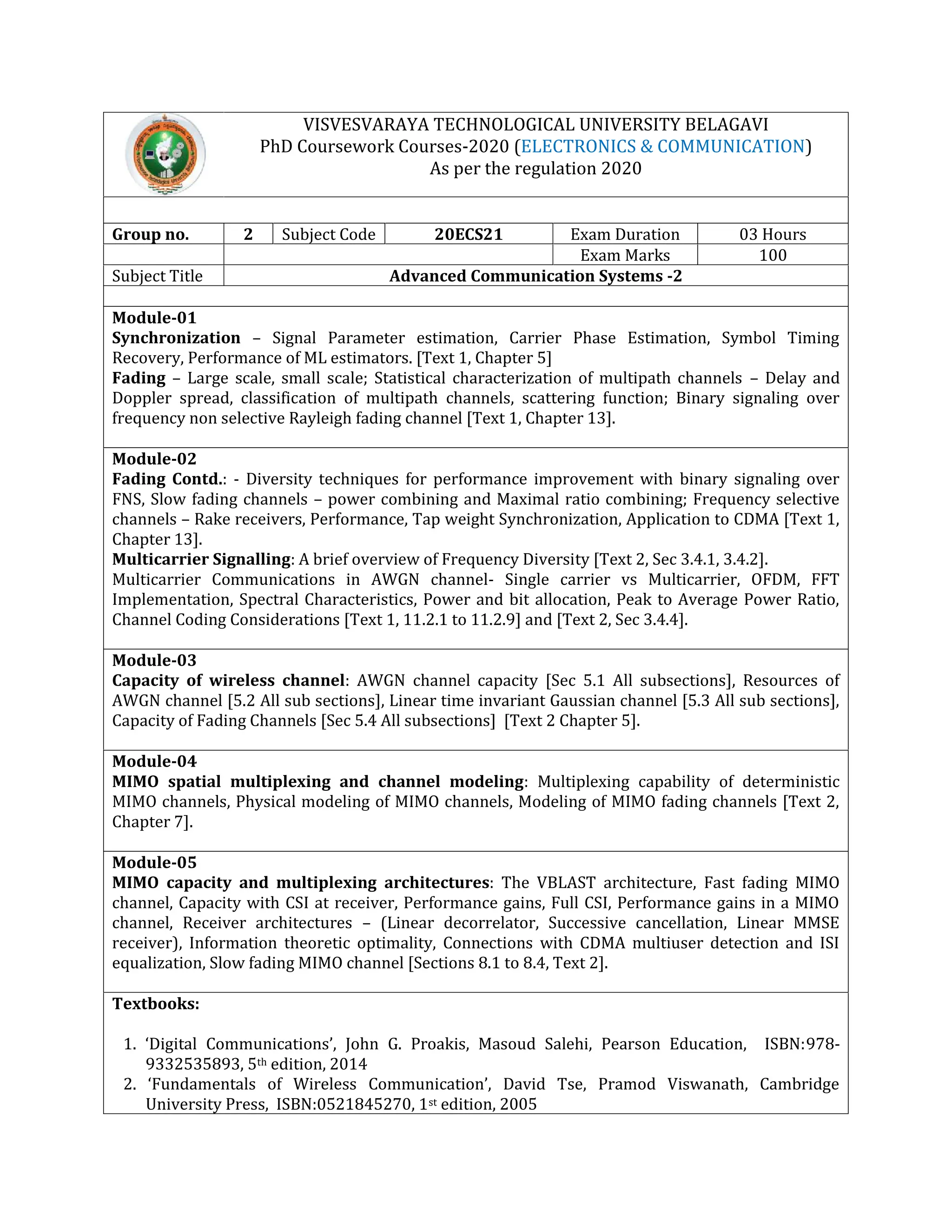 VISVESVARAYA TECHNOLOGICAL UNIVERSITY BELAGAVI
PhD Coursework Courses-2020 (ELECTRONICS & COMMUNICATION)
As per the regulation 2020
Group no. 2 Subject Code 20ECS21 Exam Duration 03 Hours
Exam Marks 100
Subject Title Advanced Communication Systems -2
Module-01
Synchronization – Signal Parameter estimation, Carrier Phase Estimation, Symbol Timing
Recovery, Performance of ML estimators. [Text 1, Chapter 5]
Fading – Large scale, small scale; Statistical characterization of multipath channels – Delay and
Doppler spread, classification of multipath channels, scattering function; Binary signaling over
frequency non selective Rayleigh fading channel [Text 1, Chapter 13].
Module-02
Fading Contd.: - Diversity techniques for performance improvement with binary signaling over
FNS, Slow fading channels – power combining and Maximal ratio combining; Frequency selective
channels – Rake receivers, Performance, Tap weight Synchronization, Application to CDMA [Text 1,
Chapter 13].
Multicarrier Signalling: A brief overview of Frequency Diversity [Text 2, Sec 3.4.1, 3.4.2].
Multicarrier Communications in AWGN channel- Single carrier vs Multicarrier, OFDM, FFT
Implementation, Spectral Characteristics, Power and bit allocation, Peak to Average Power Ratio,
Channel Coding Considerations [Text 1, 11.2.1 to 11.2.9] and [Text 2, Sec 3.4.4].
Module-03
Capacity of wireless channel: AWGN channel capacity [Sec 5.1 All subsections], Resources of
AWGN channel [5.2 All sub sections], Linear time invariant Gaussian channel [5.3 All sub sections],
Capacity of Fading Channels [Sec 5.4 All subsections] [Text 2 Chapter 5].
Module-04
MIMO spatial multiplexing and channel modeling: Multiplexing capability of deterministic
MIMO channels, Physical modeling of MIMO channels, Modeling of MIMO fading channels [Text 2,
Chapter 7].
Module-05
MIMO capacity and multiplexing architectures: The VBLAST architecture, Fast fading MIMO
channel, Capacity with CSI at receiver, Performance gains, Full CSI, Performance gains in a MIMO
channel, Receiver architectures – (Linear decorrelator, Successive cancellation, Linear MMSE
receiver), Information theoretic optimality, Connections with CDMA multiuser detection and ISI
equalization, Slow fading MIMO channel [Sections 8.1 to 8.4, Text 2].
Textbooks:
1. ‘Digital Communications’, John G. Proakis, Masoud Salehi, Pearson Education, ISBN:978-
9332535893, 5th edition, 2014
2. ‘Fundamentals of Wireless Communication’, David Tse, Pramod Viswanath, Cambridge
University Press, ISBN:0521845270, 1st edition, 2005
 