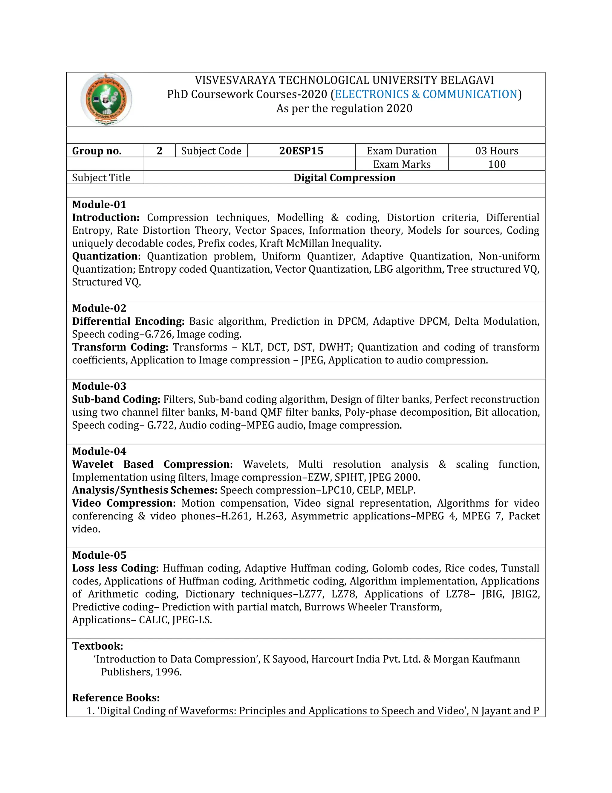 VISVESVARAYA TECHNOLOGICAL UNIVERSITY BELAGAVI
PhD Coursework Courses-2020 (ELECTRONICS & COMMUNICATION)
As per the regulation 2020
Group no. 2 Subject Code 20ESP15 Exam Duration 03 Hours
Exam Marks 100
Subject Title Digital Compression
Module-01
Introduction: Compression techniques, Modelling & coding, Distortion criteria, Differential
Entropy, Rate Distortion Theory, Vector Spaces, Information theory, Models for sources, Coding
uniquely decodable codes, Prefix codes, Kraft McMillan Inequality.
Quantization: Quantization problem, Uniform Quantizer, Adaptive Quantization, Non-uniform
Quantization; Entropy coded Quantization, Vector Quantization, LBG algorithm, Tree structured VQ,
Structured VQ.
Module-02
Differential Encoding: Basic algorithm, Prediction in DPCM, Adaptive DPCM, Delta Modulation,
Speech coding–G.726, Image coding.
Transform Coding: Transforms – KLT, DCT, DST, DWHT; Quantization and coding of transform
coefficients, Application to Image compression – JPEG, Application to audio compression.
Module-03
Sub-band Coding: Filters, Sub-band coding algorithm, Design of filter banks, Perfect reconstruction
using two channel filter banks, M-band QMF filter banks, Poly-phase decomposition, Bit allocation,
Speech coding– G.722, Audio coding–MPEG audio, Image compression.
Module-04
Wavelet Based Compression: Wavelets, Multi resolution analysis & scaling function,
Implementation using filters, Image compression–EZW, SPIHT, JPEG 2000.
Analysis/Synthesis Schemes: Speech compression–LPC10, CELP, MELP.
Video Compression: Motion compensation, Video signal representation, Algorithms for video
conferencing & video phones–H.261, H.263, Asymmetric applications–MPEG 4, MPEG 7, Packet
video.
Module-05
Loss less Coding: Huffman coding, Adaptive Huffman coding, Golomb codes, Rice codes, Tunstall
codes, Applications of Huffman coding, Arithmetic coding, Algorithm implementation, Applications
of Arithmetic coding, Dictionary techniques–LZ77, LZ78, Applications of LZ78– JBIG, JBIG2,
Predictive coding– Prediction with partial match, Burrows Wheeler Transform,
Applications– CALIC, JPEG-LS.
Textbook:
‘Introduction to Data Compression’, K Sayood, Harcourt India Pvt. Ltd. & Morgan Kaufmann
Publishers, 1996.
Reference Books:
1. ‘Digital Coding of Waveforms: Principles and Applications to Speech and Video’, N Jayant and P
 