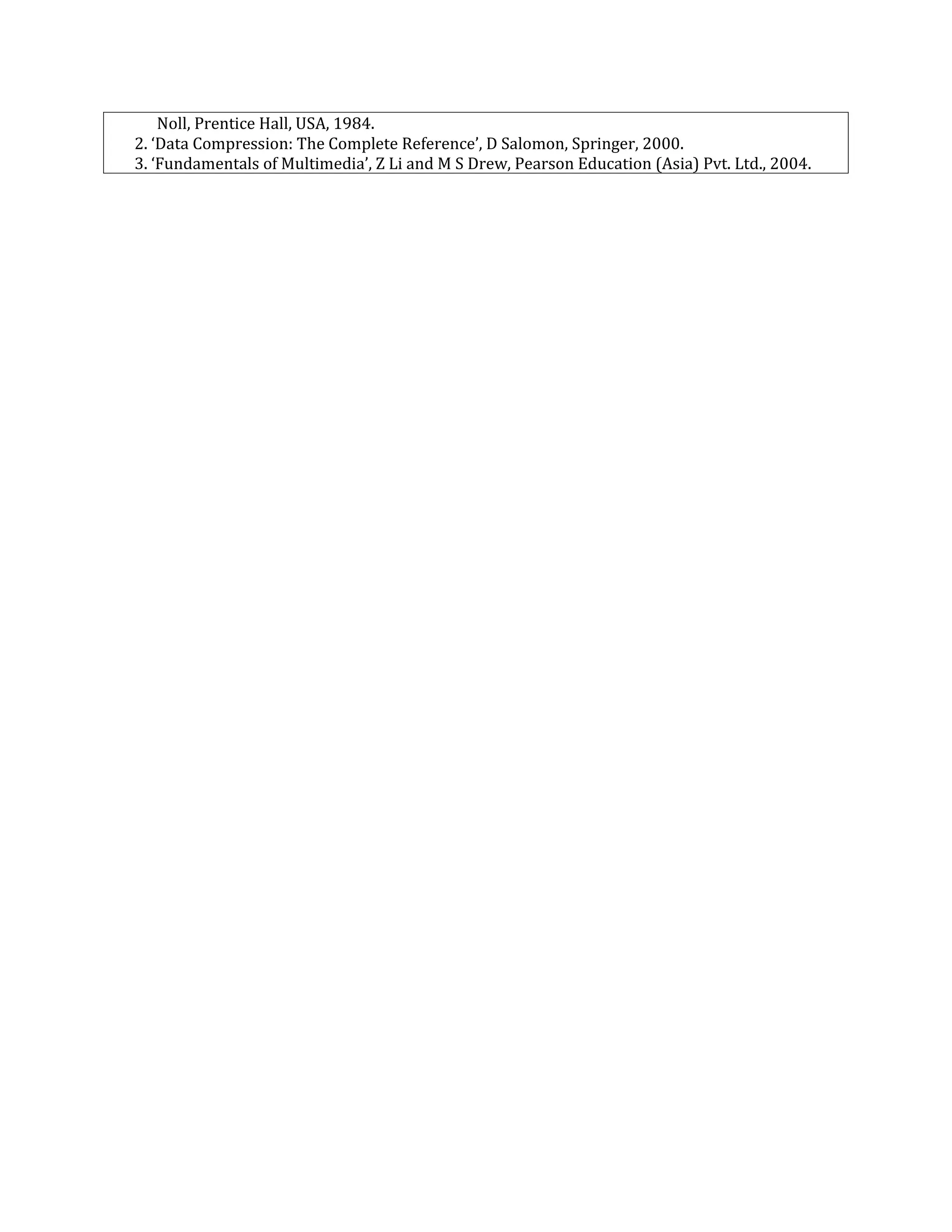 Noll, Prentice Hall, USA, 1984.
2. ‘Data Compression: The Complete Reference’, D Salomon, Springer, 2000.
3. ‘Fundamentals of Multimedia’, Z Li and M S Drew, Pearson Education (Asia) Pvt. Ltd., 2004.
 