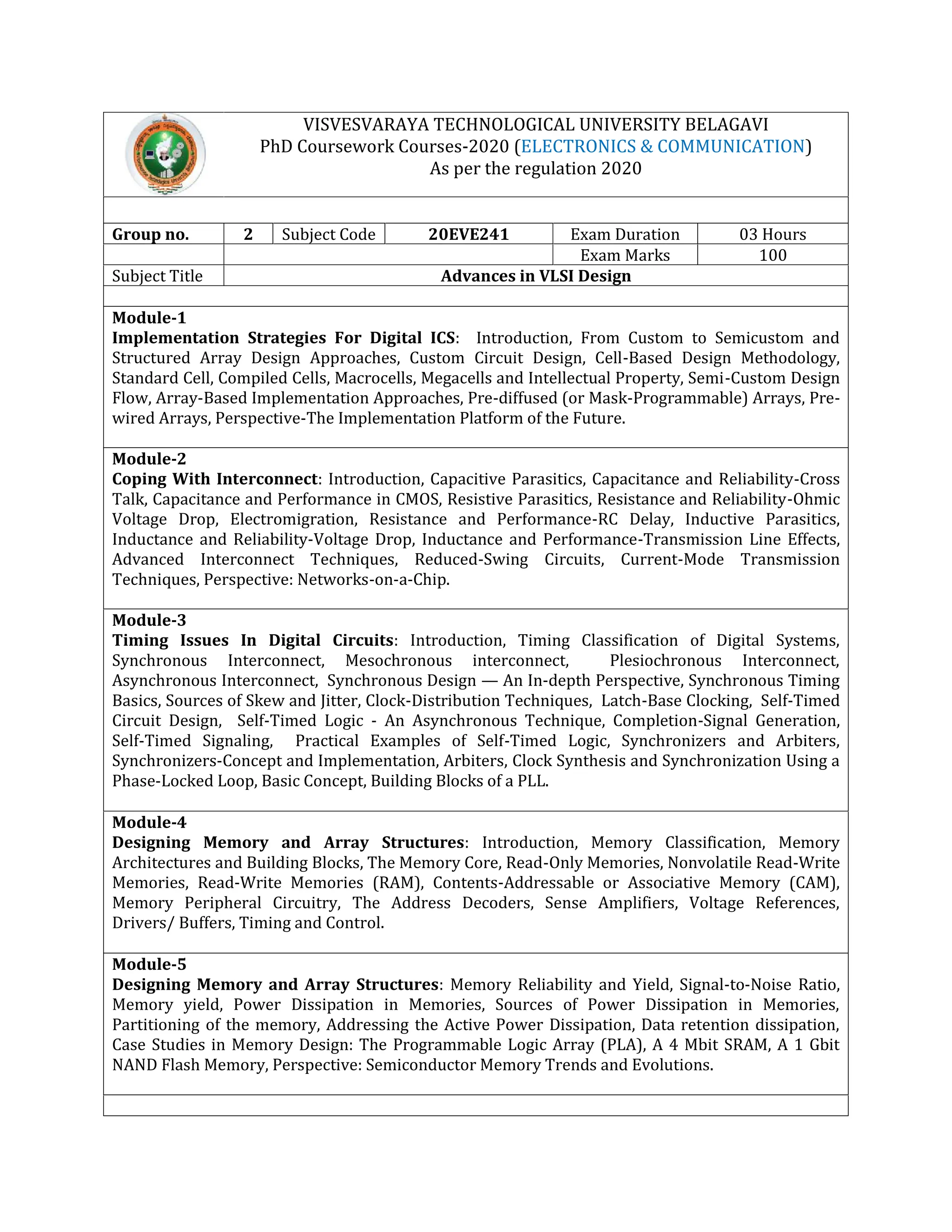 VISVESVARAYA TECHNOLOGICAL UNIVERSITY BELAGAVI
PhD Coursework Courses-2020 (ELECTRONICS & COMMUNICATION)
As per the regulation 2020
Group no. 2 Subject Code 20EVE241 Exam Duration 03 Hours
Exam Marks 100
Subject Title Advances in VLSI Design
Module-1
Implementation Strategies For Digital ICS: Introduction, From Custom to Semicustom and
Structured Array Design Approaches, Custom Circuit Design, Cell-Based Design Methodology,
Standard Cell, Compiled Cells, Macrocells, Megacells and Intellectual Property, Semi-Custom Design
Flow, Array-Based Implementation Approaches, Pre-diffused (or Mask-Programmable) Arrays, Pre-
wired Arrays, Perspective-The Implementation Platform of the Future.
Module-2
Coping With Interconnect: Introduction, Capacitive Parasitics, Capacitance and Reliability-Cross
Talk, Capacitance and Performance in CMOS, Resistive Parasitics, Resistance and Reliability-Ohmic
Voltage Drop, Electromigration, Resistance and Performance-RC Delay, Inductive Parasitics,
Inductance and Reliability-Voltage Drop, Inductance and Performance-Transmission Line Effects,
Advanced Interconnect Techniques, Reduced-Swing Circuits, Current-Mode Transmission
Techniques, Perspective: Networks-on-a-Chip.
Module-3
Timing Issues In Digital Circuits: Introduction, Timing Classification of Digital Systems,
Synchronous Interconnect, Mesochronous interconnect, Plesiochronous Interconnect,
Asynchronous Interconnect, Synchronous Design — An In-depth Perspective, Synchronous Timing
Basics, Sources of Skew and Jitter, Clock-Distribution Techniques, Latch-Base Clocking, Self-Timed
Circuit Design, Self-Timed Logic - An Asynchronous Technique, Completion-Signal Generation,
Self-Timed Signaling, Practical Examples of Self-Timed Logic, Synchronizers and Arbiters,
Synchronizers-Concept and Implementation, Arbiters, Clock Synthesis and Synchronization Using a
Phase-Locked Loop, Basic Concept, Building Blocks of a PLL.
Module-4
Designing Memory and Array Structures: Introduction, Memory Classification, Memory
Architectures and Building Blocks, The Memory Core, Read-Only Memories, Nonvolatile Read-Write
Memories, Read-Write Memories (RAM), Contents-Addressable or Associative Memory (CAM),
Memory Peripheral Circuitry, The Address Decoders, Sense Amplifiers, Voltage References,
Drivers/ Buffers, Timing and Control.
Module-5
Designing Memory and Array Structures: Memory Reliability and Yield, Signal-to-Noise Ratio,
Memory yield, Power Dissipation in Memories, Sources of Power Dissipation in Memories,
Partitioning of the memory, Addressing the Active Power Dissipation, Data retention dissipation,
Case Studies in Memory Design: The Programmable Logic Array (PLA), A 4 Mbit SRAM, A 1 Gbit
NAND Flash Memory, Perspective: Semiconductor Memory Trends and Evolutions.
 